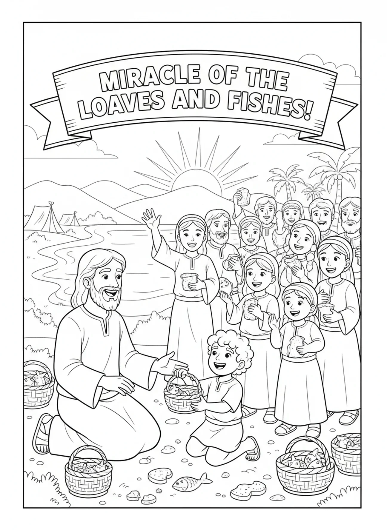 Jésus et un garçon ensemble, page à colorier de la Nourriture des 5000 Garçon avec des Pains et des Poissons pour les enfants de 5 à 10 ans.