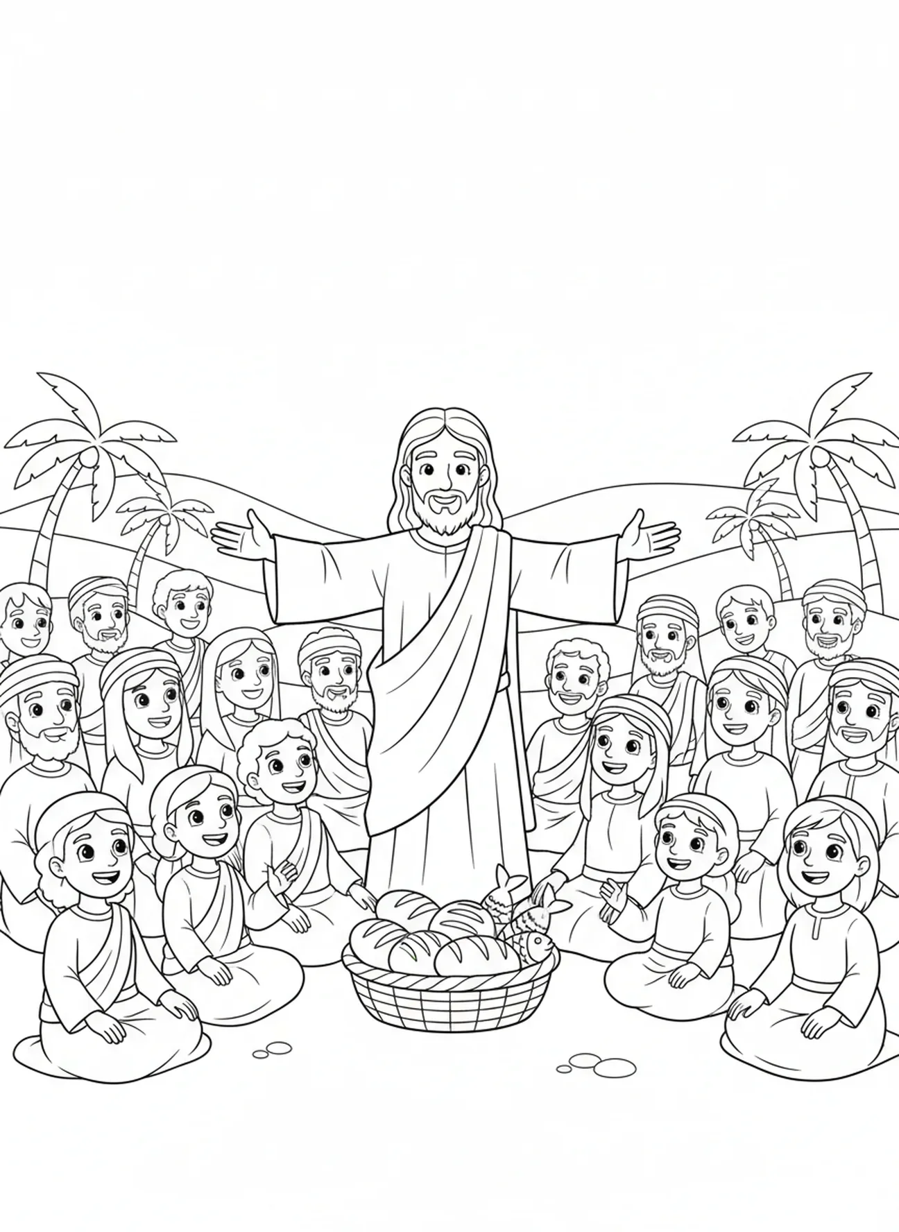 Jésus bénissant des pains et des poissons, page à colorier Nourrir 5000 Enfant Avec Pains Et Poissons pour les enfants de 5 à 10 ans.
