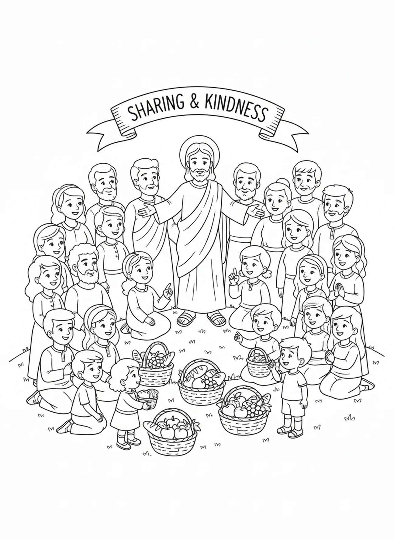 Multitud escuchando a Jesús, página para colorear sobre la Alimentación de 5000, Discipulos Distribuyendo Comida para niños de 5 a 10 años