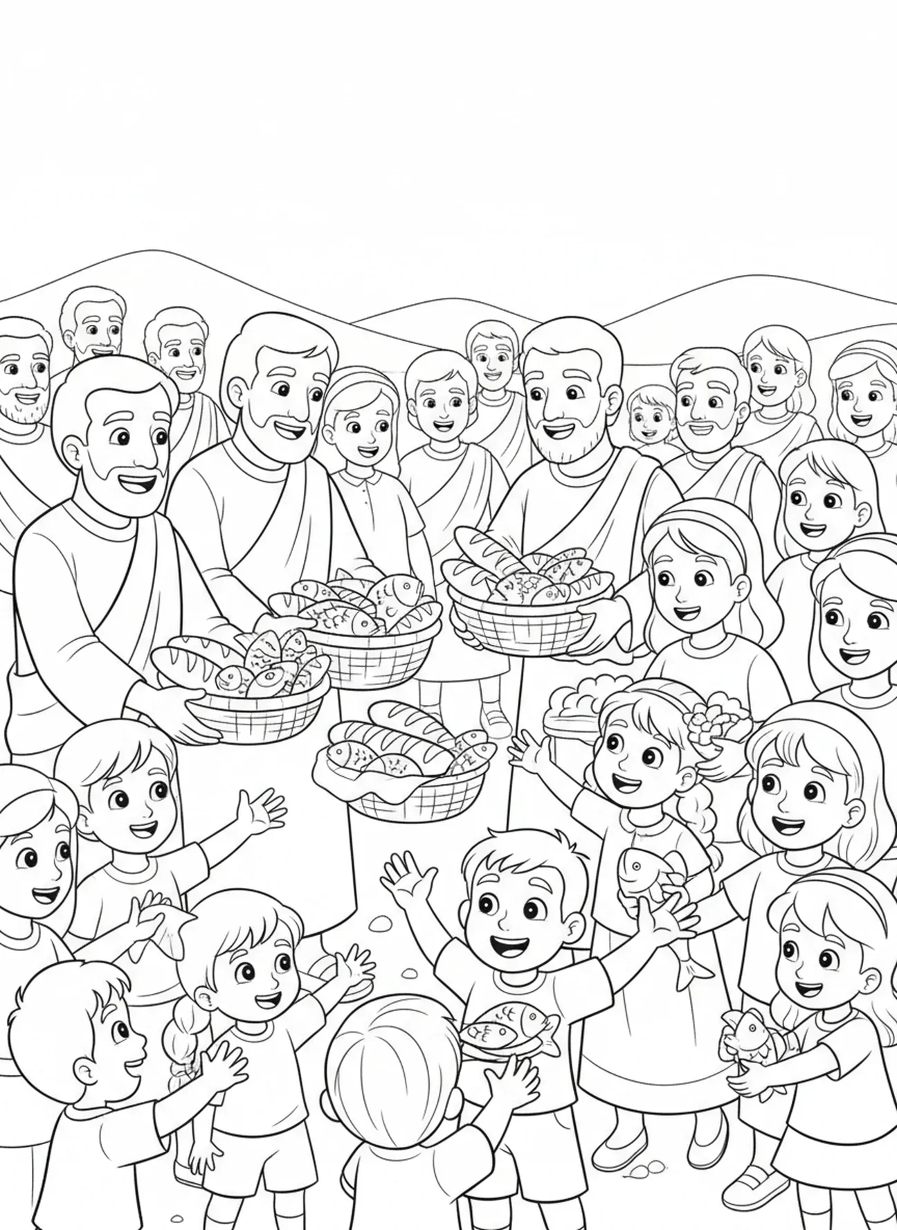 Discípulos repartiendo comida, Alimentando a 5000, página para colorear de Discípulos Distribuyendo Comida para niños de 5 a 10 años