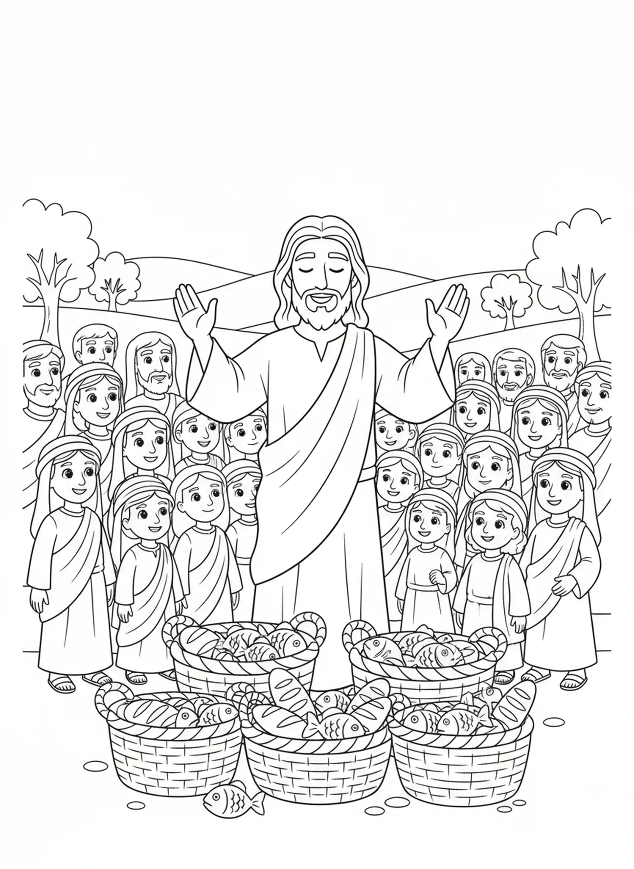 Jesús bendiciendo la comida, página para colorear de la Alimentación de los 5000, Distribución de Comida para niños de 5 a 10 años