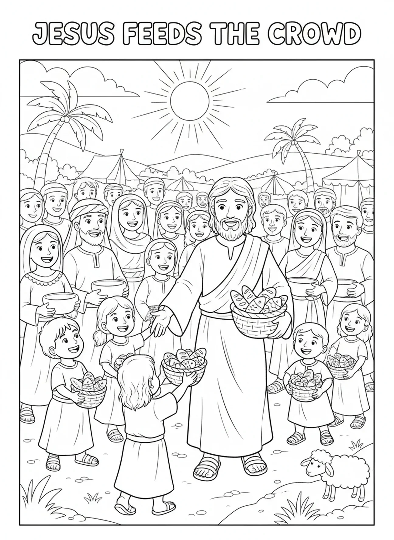 Jesús caminando entre la gente, Alimentando a 5000 Discipulos Distribuyendo Comida página para colorear para niños de 5 a 10 años