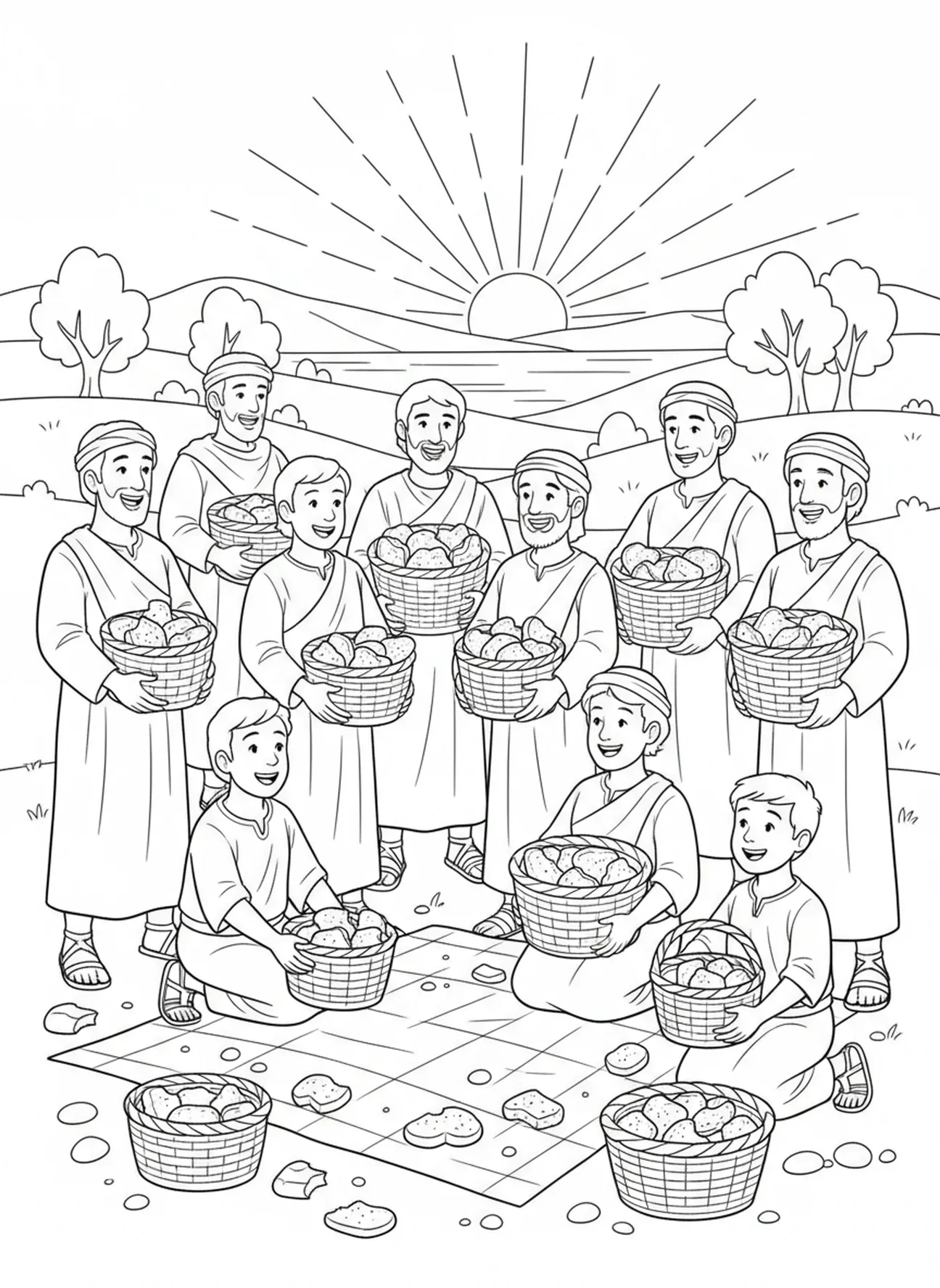 Discipelen verzamelen manden, Jezus zegent het brood voor de 5000 kleurplaat voor kinderen van 5-10 jaar.