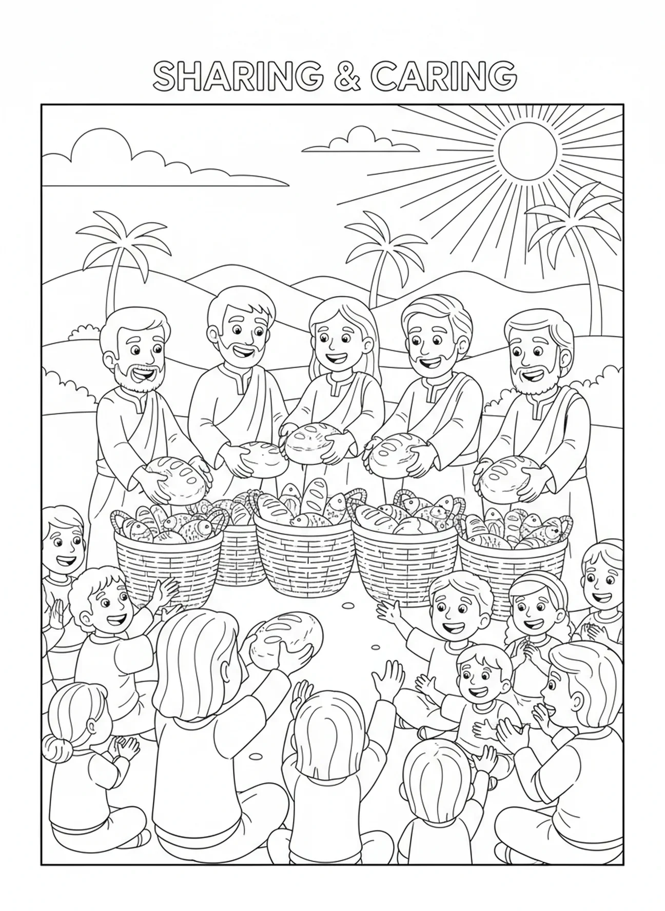 Discipelen delen brood uit, Jezus zegent het brood kleurplaat voor kinderen van 5-10 jaar.