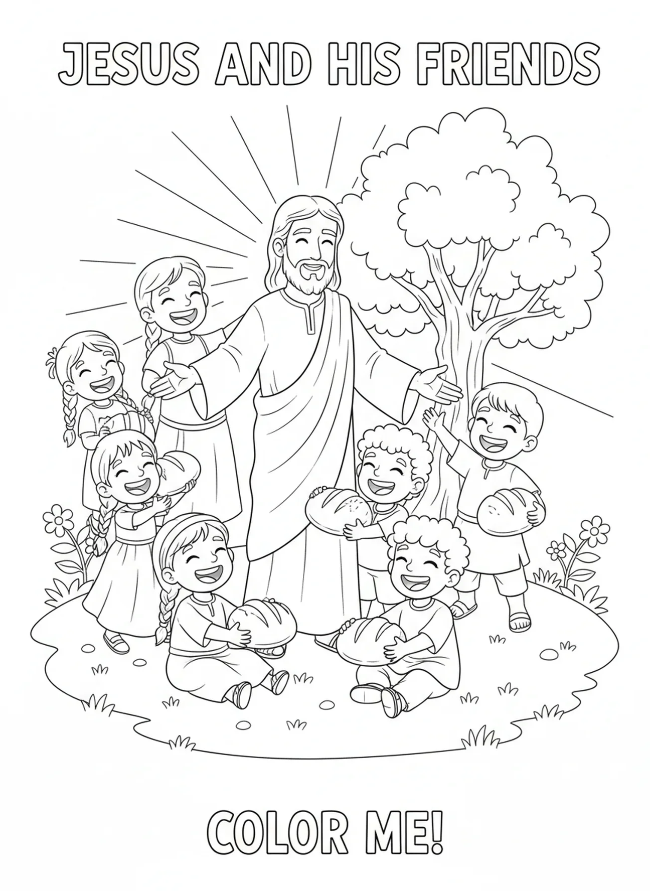 Jezus en kinderen, Voeden van 5000 Jezus Zegenend Brood kleurplaat voor kinderen van 5-10 jaar.