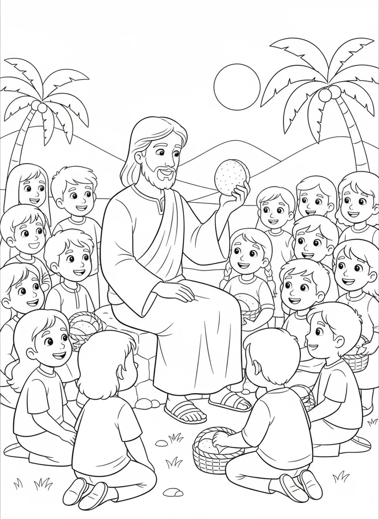Jezus onderwijst de menigte, Voeding van 5000 Jezus zegent het brood kleurplaat voor kinderen van 5-10 jaar.