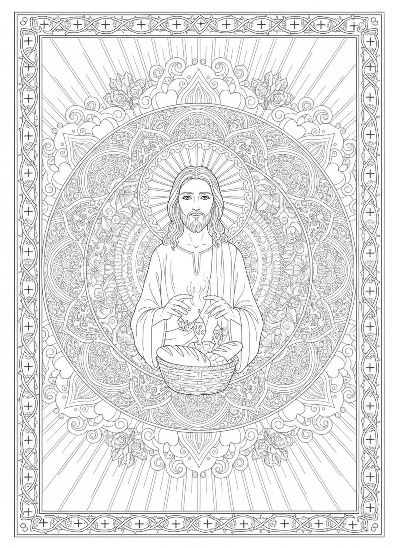 Jesus abençoando pães e peixes, página de colorir para adultos no estilo de journaling bíblico.