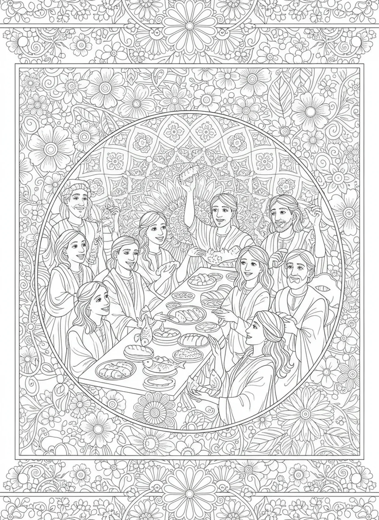 Pessoas desfrutando de pão e peixe, página de colorir da Multiplicação dos Pães e Peixes para adultos no estilo de journaling bíblico.