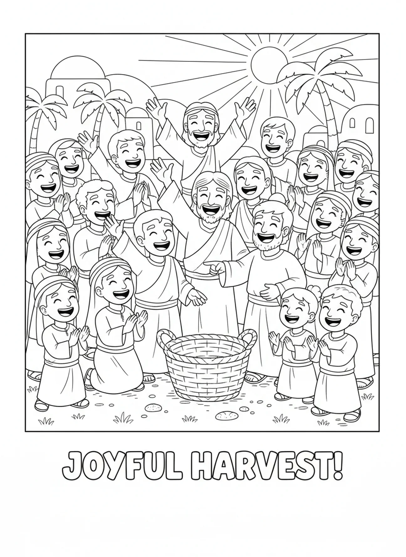 Jesus e discípulos celebrando, página para colorir da Multiplicação dos Pães para crianças de 5 a 10 anos