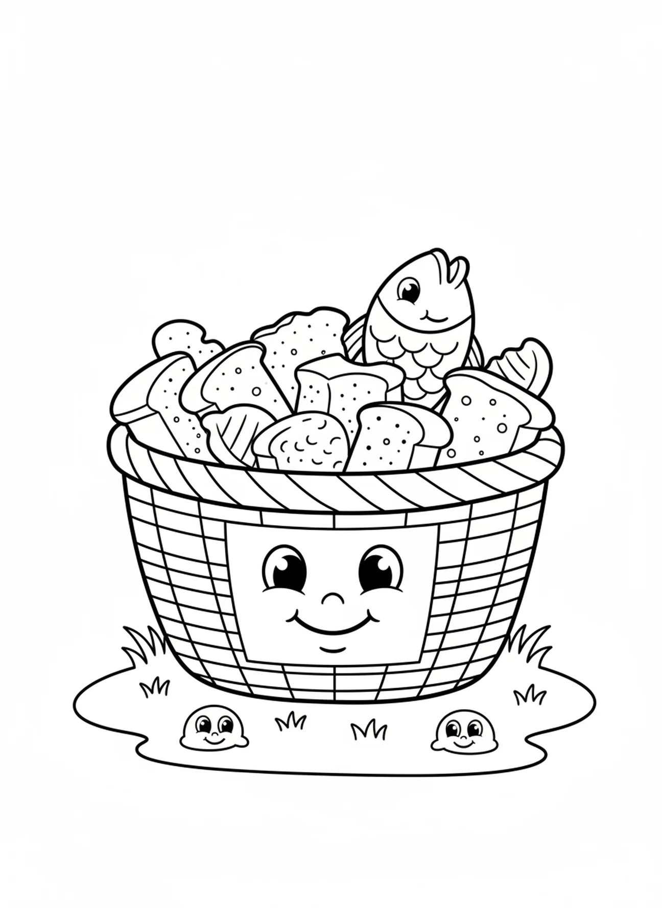 Panier débordant de nourriture, page à colorier sur le miracle de la multiplication des pains pour les enfants d'âge préscolaire de 3 à 5 ans.