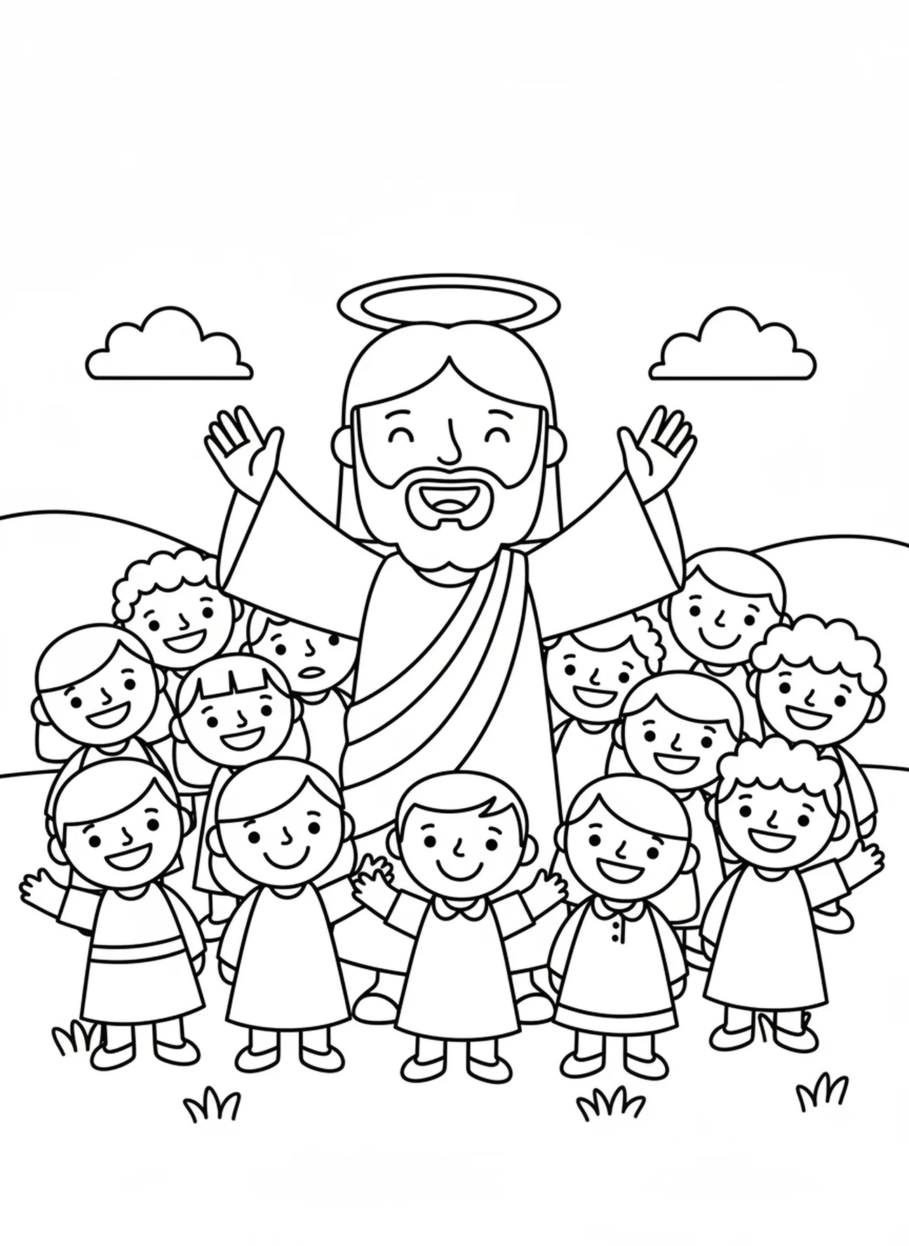 Jésus bénissant les gens, page à colorier sur le repas des 5000 pour les enfants d'âge préscolaire de 3 à 5 ans.
