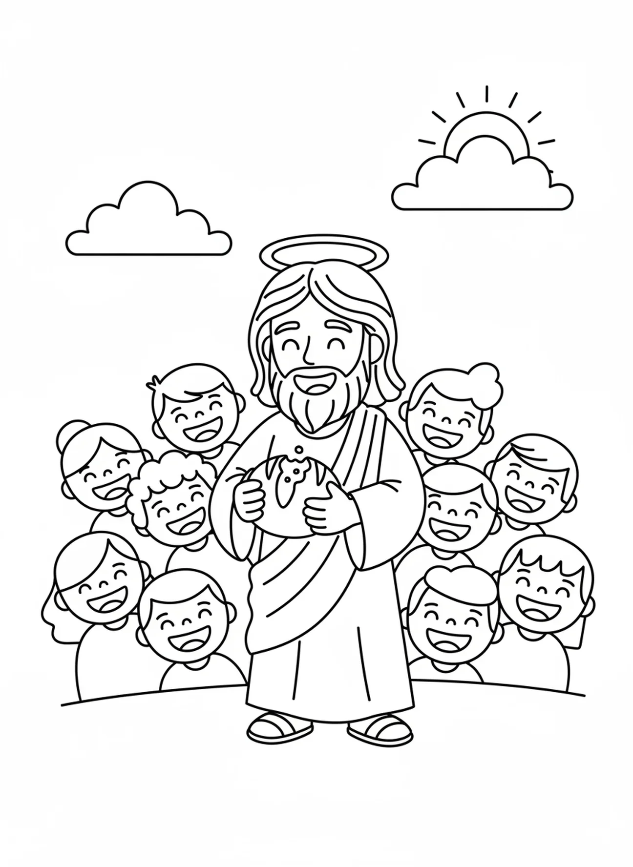 Jésus partageant le pain, page à colorier sur le miracle de la nourriture pour les enfants d'âge préscolaire de 3 à 5 ans.