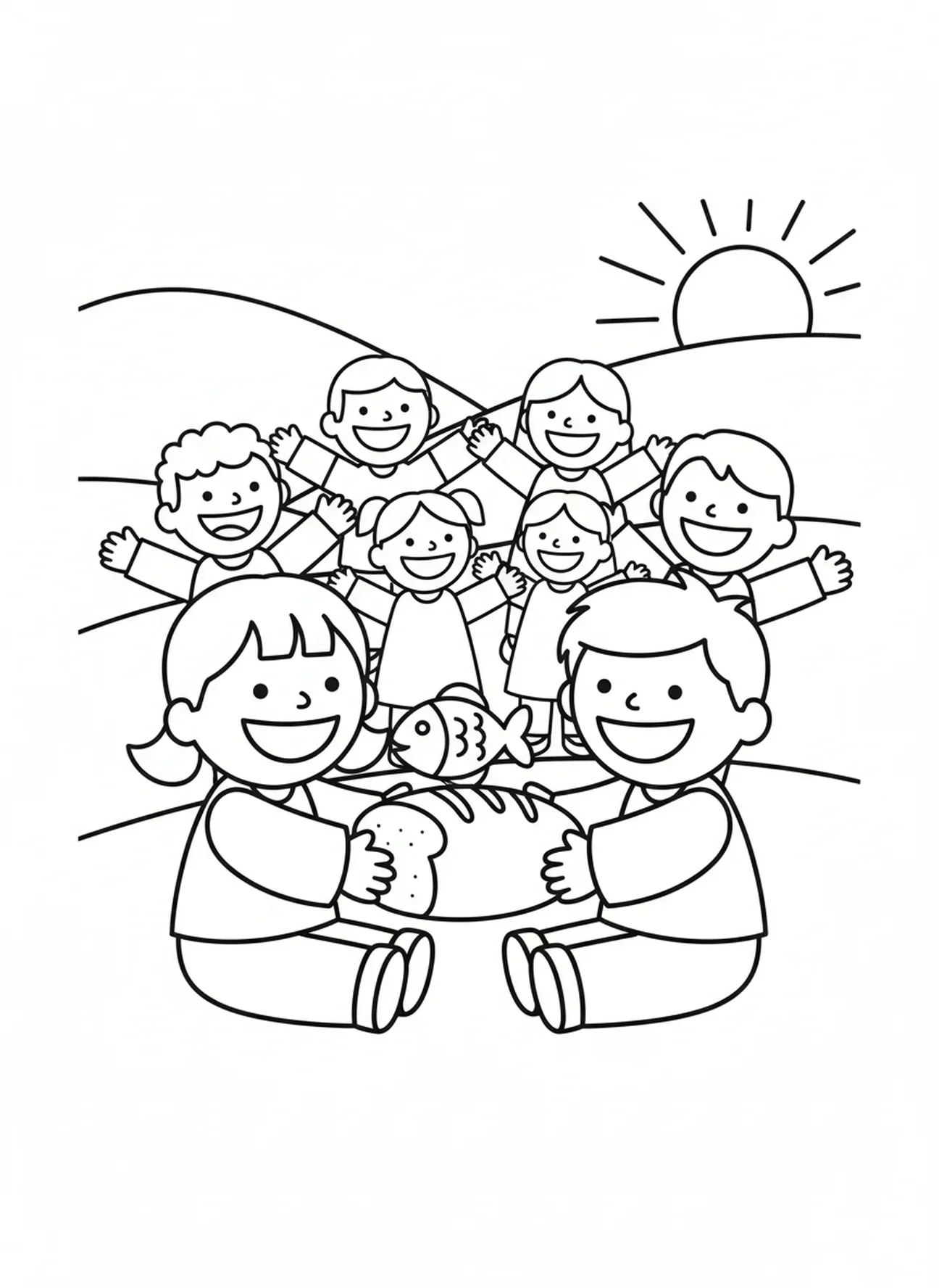 Amis partageant de la nourriture, page à colorier sur le repas des 5000 pour les enfants d'âge préscolaire de 3 à 5 ans.