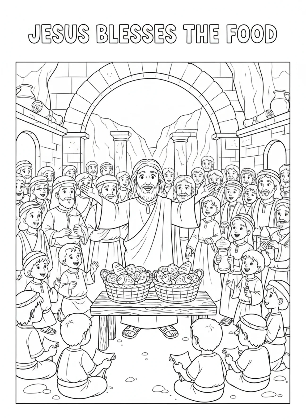 Jesus segnet das Essen, Ausmalbild zur Speisung der 5000 für Sonntagsschulkinder im Alter von 5-12 Jahren