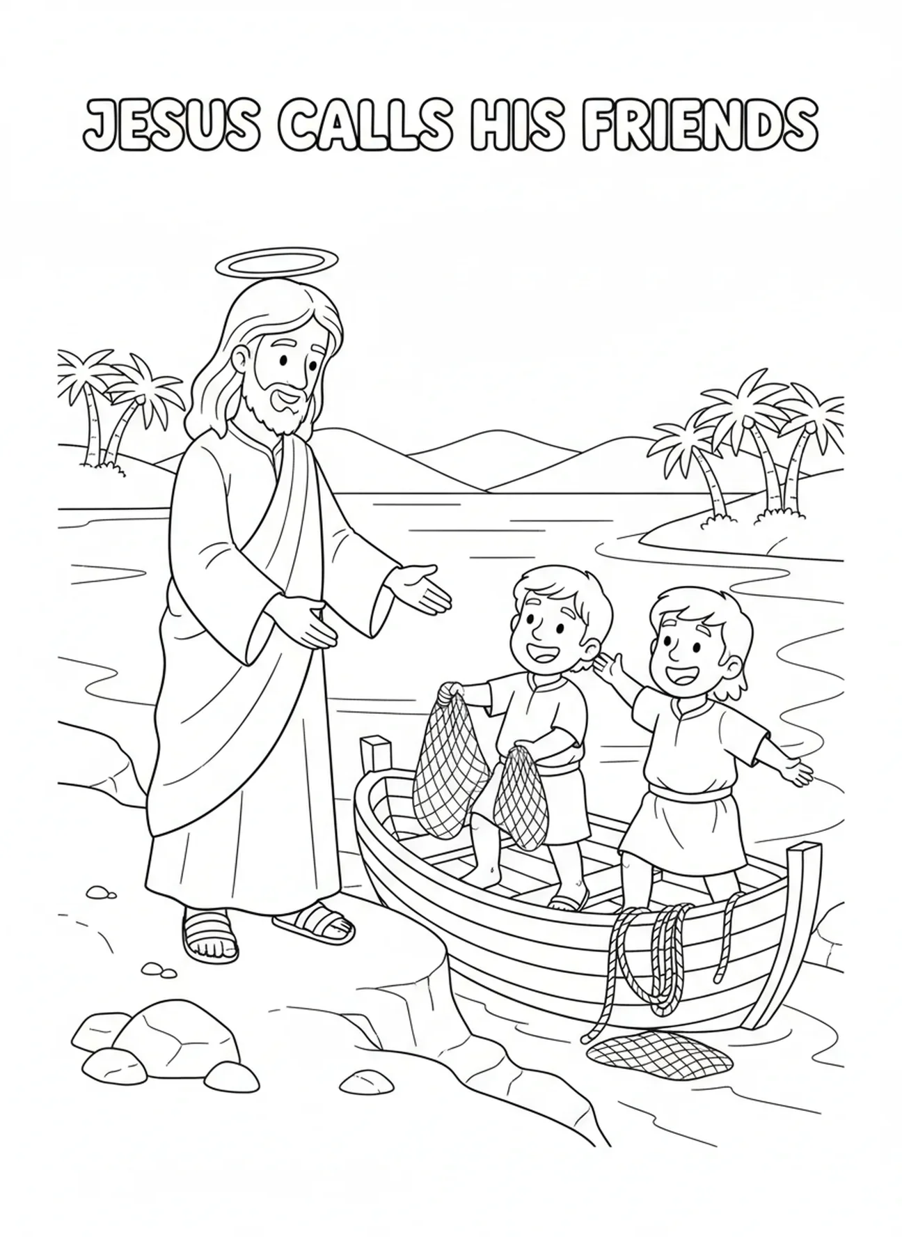 Jesus ruft Fischer, um ihm zu folgen, Ausmalbild 'Fischer der Menschen' für Kinder im Alter von 5-10 Jahren