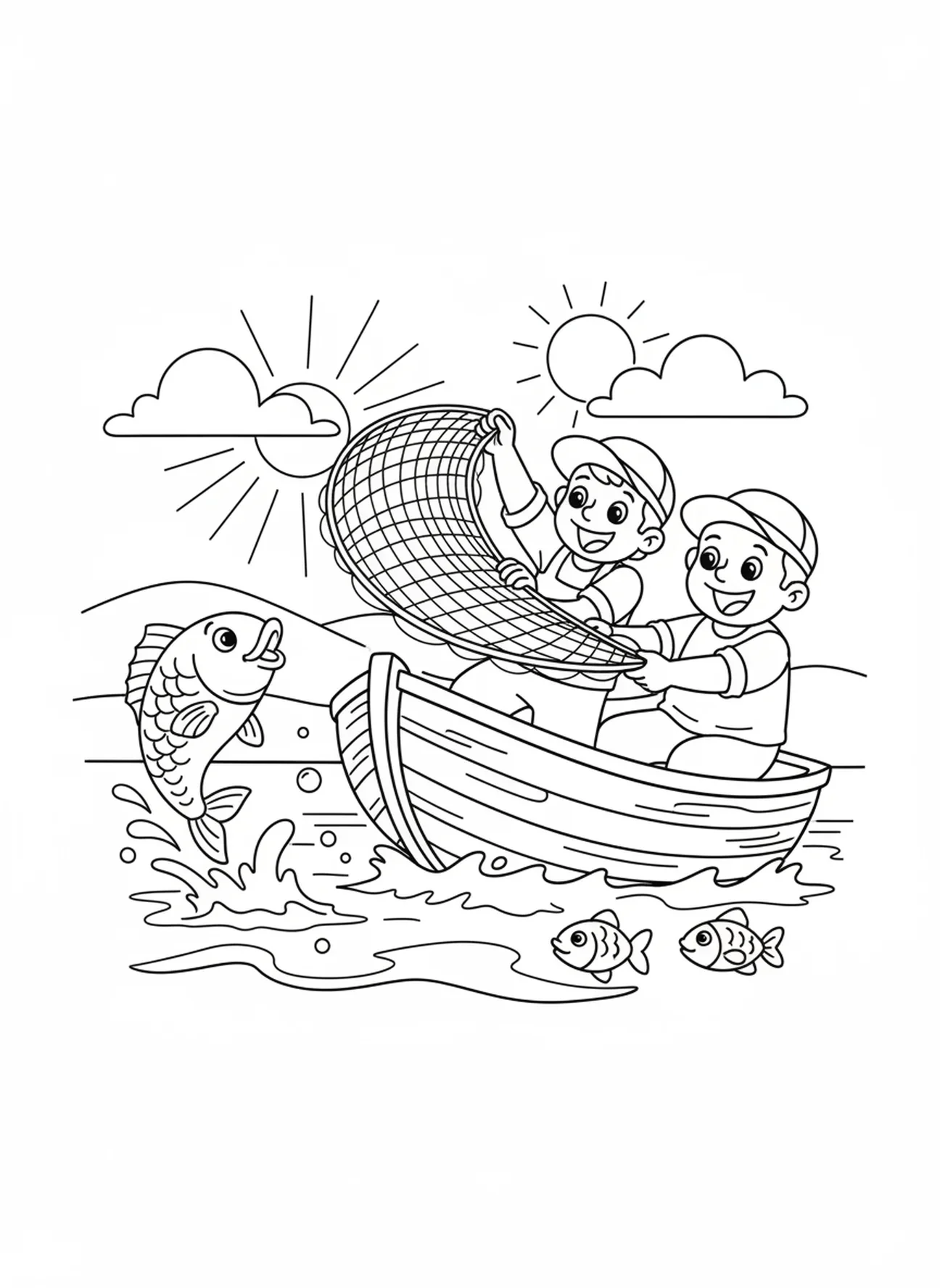 Zwei Cartoon-Fischer in einem Boot, Malvorlage 'Fischer der Menschen' für Kinder im Alter von 5-10 Jahren