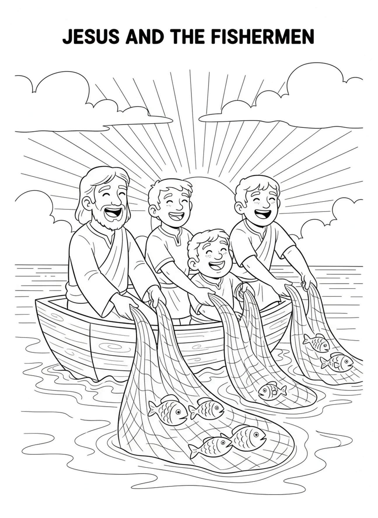 Fischer mit Jesus in einem Boot, Malvorlage 'Fischer der Menschen' für Kinder im Alter von 5-10 Jahren