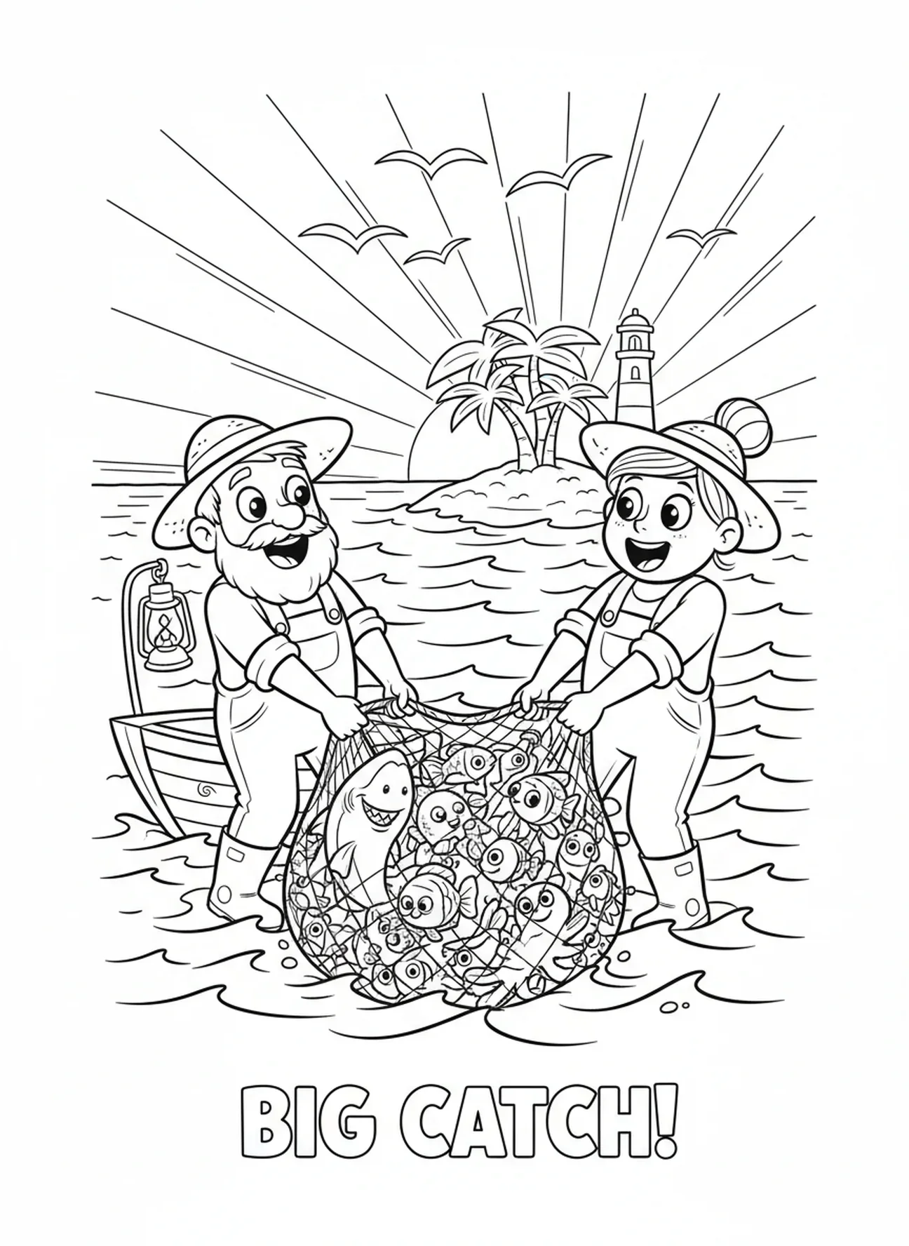 Fischer mit einem Netz voller Fische, Ausmalbild 'Fischer der Menschen' für Kinder im Alter von 5-10 Jahren