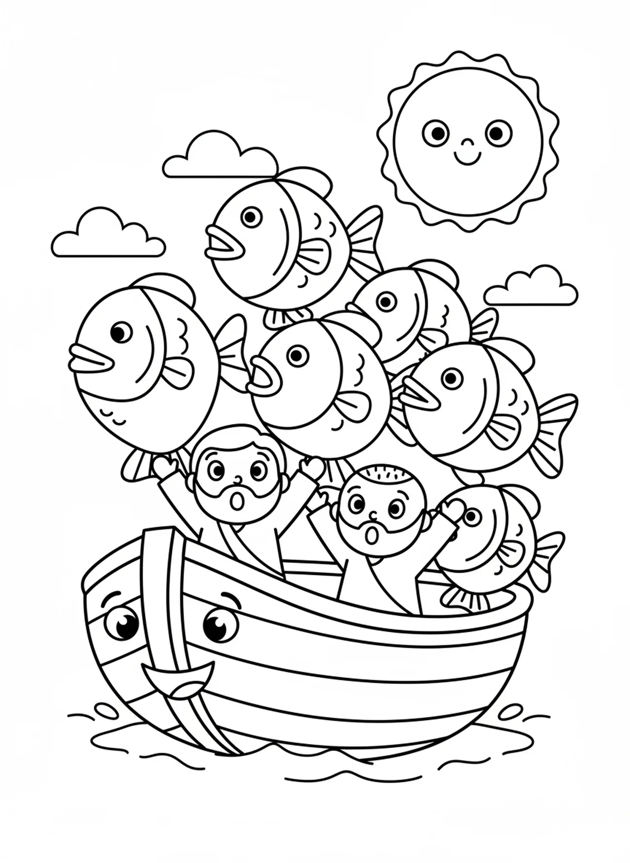Fröhliches Boot voller Fische, Ausmalbild für die Fischersleute für Vorschulkinder im Alter von 3-5 Jahren