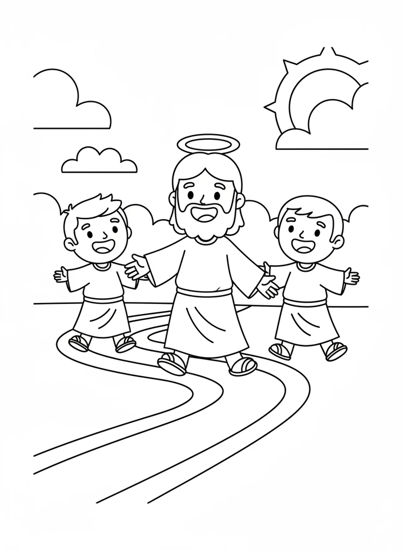 Fröhliche Jünger folgen Jesus, Ausmalbild 'Fischer der Menschen' für Vorschulkinder im Alter von 3-5 Jahren