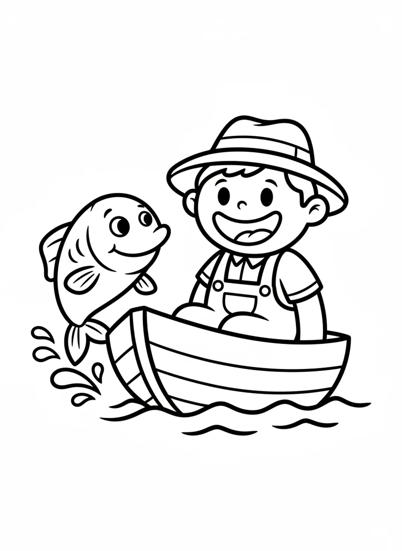 Lächelnder Fischer in einem Boot, Ausmalbild für 'Fischer der Menschen' für Vorschulkinder im Alter von 3-5 Jahren