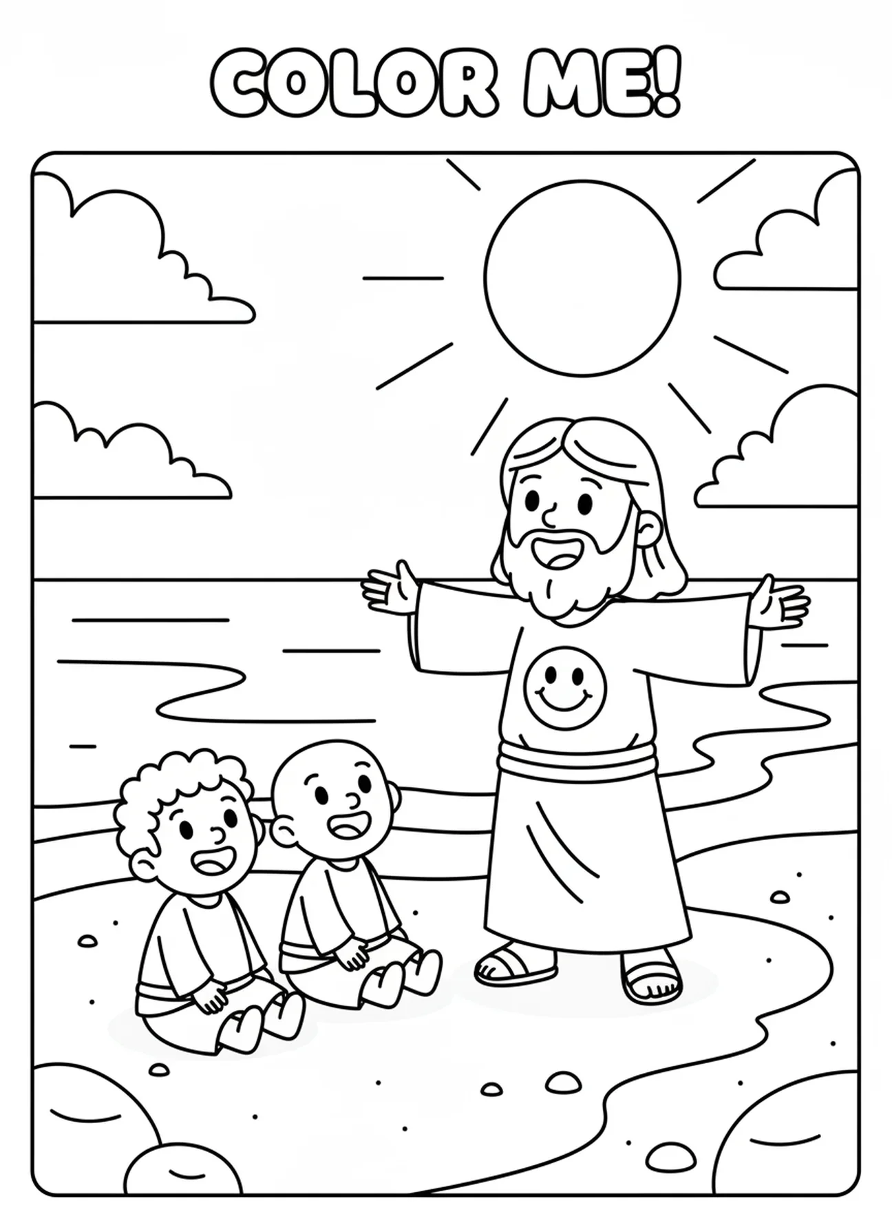 Lächelnder Jesus am Ufer, Ausmalbild für Vorschulkinder im Alter von 3-5 Jahren über die Fischersleute.