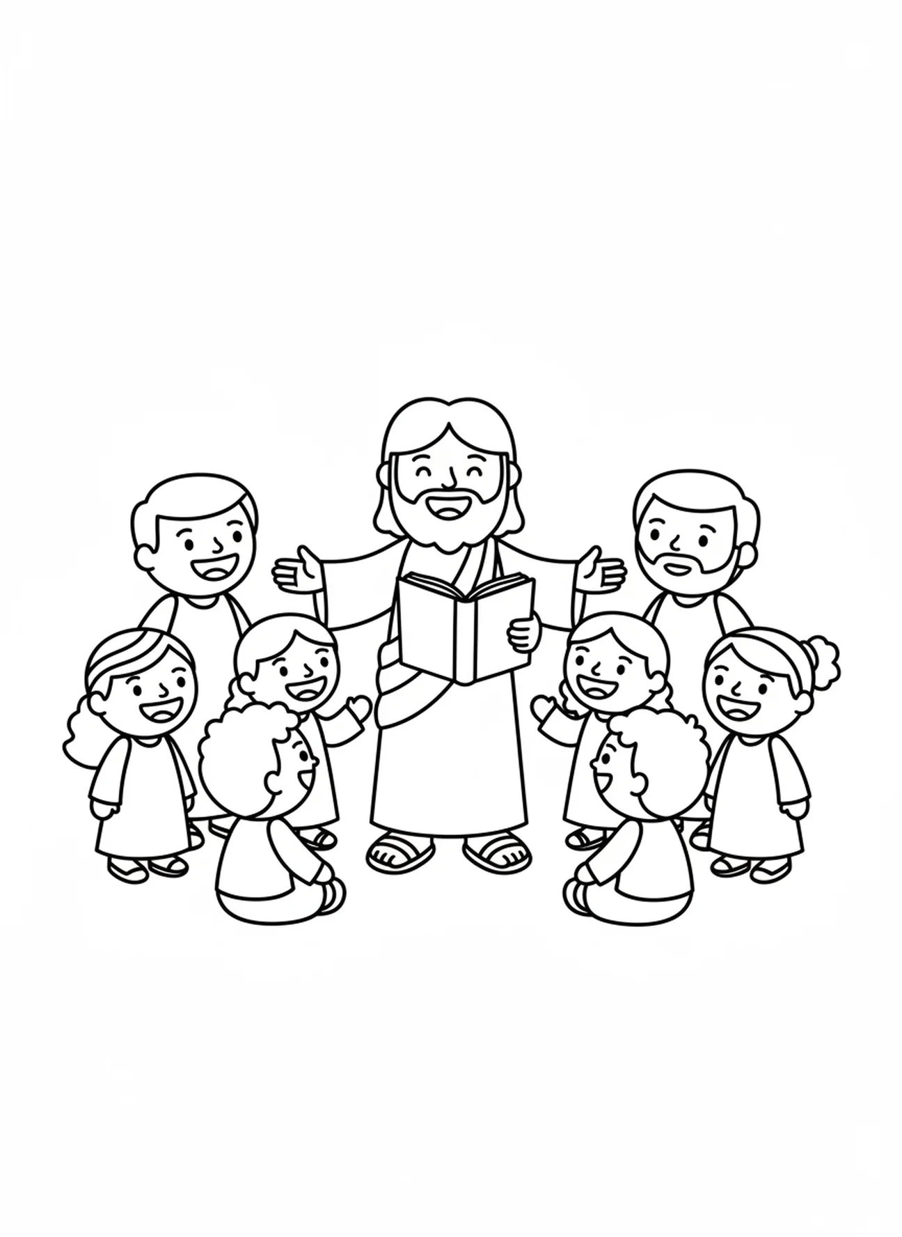 Lächelnder Jesus lehrt eine Menge, Ausmalbild 'Fischer von Menschen' für Vorschulkinder im Alter von 3-5 Jahren