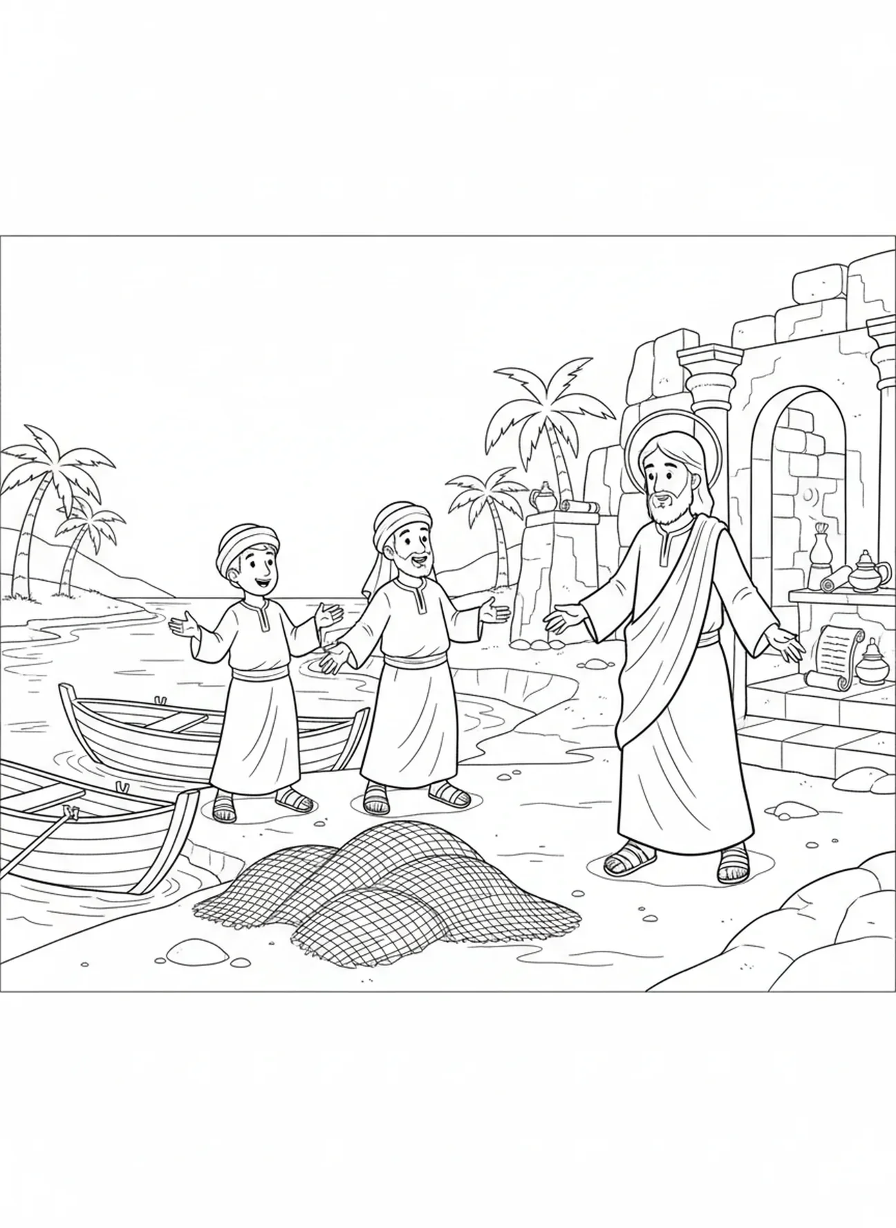 Fischer, die Jesus folgen, Ausmalbild für die Sonntagsschule für Kinder im Alter von 5-12 Jahren