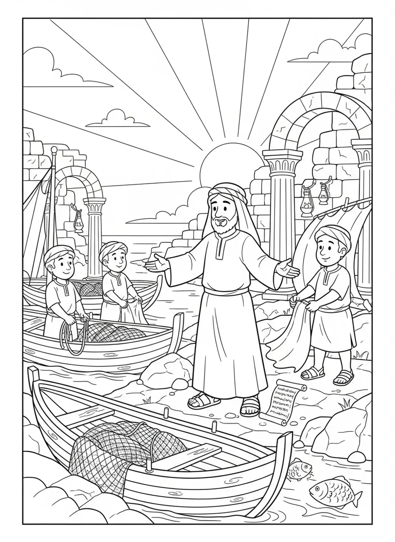 Jesus segnet die Fischer, Ausmalbild 'Fischer der Menschen' für Sonntagsschulkinder im Alter von 5-12 Jahren