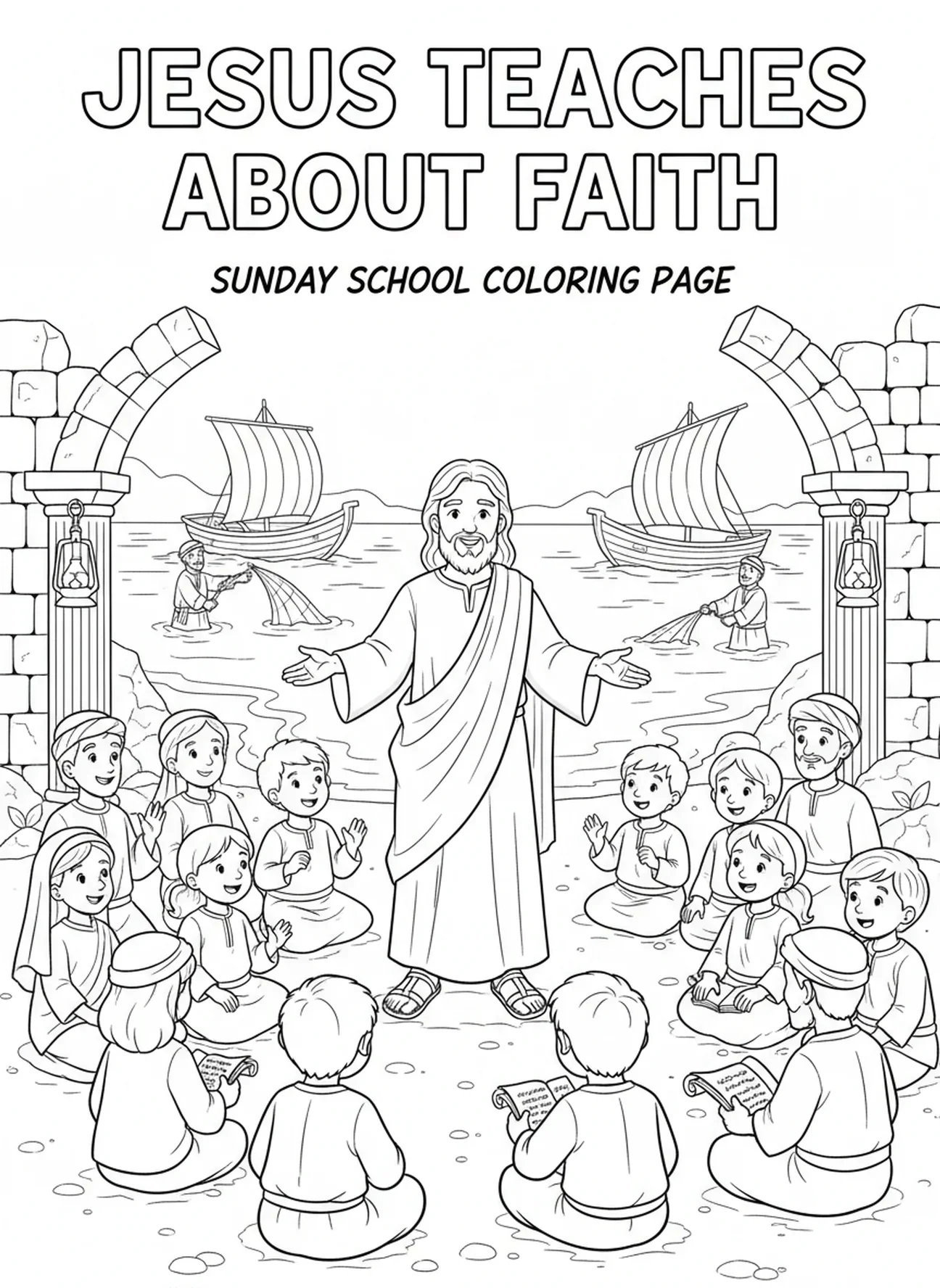 Jesus, der einer Menschenmenge lehrt, Ausmalbild für die Sonntagsschule für Kinder im Alter von 5-12 Jahren