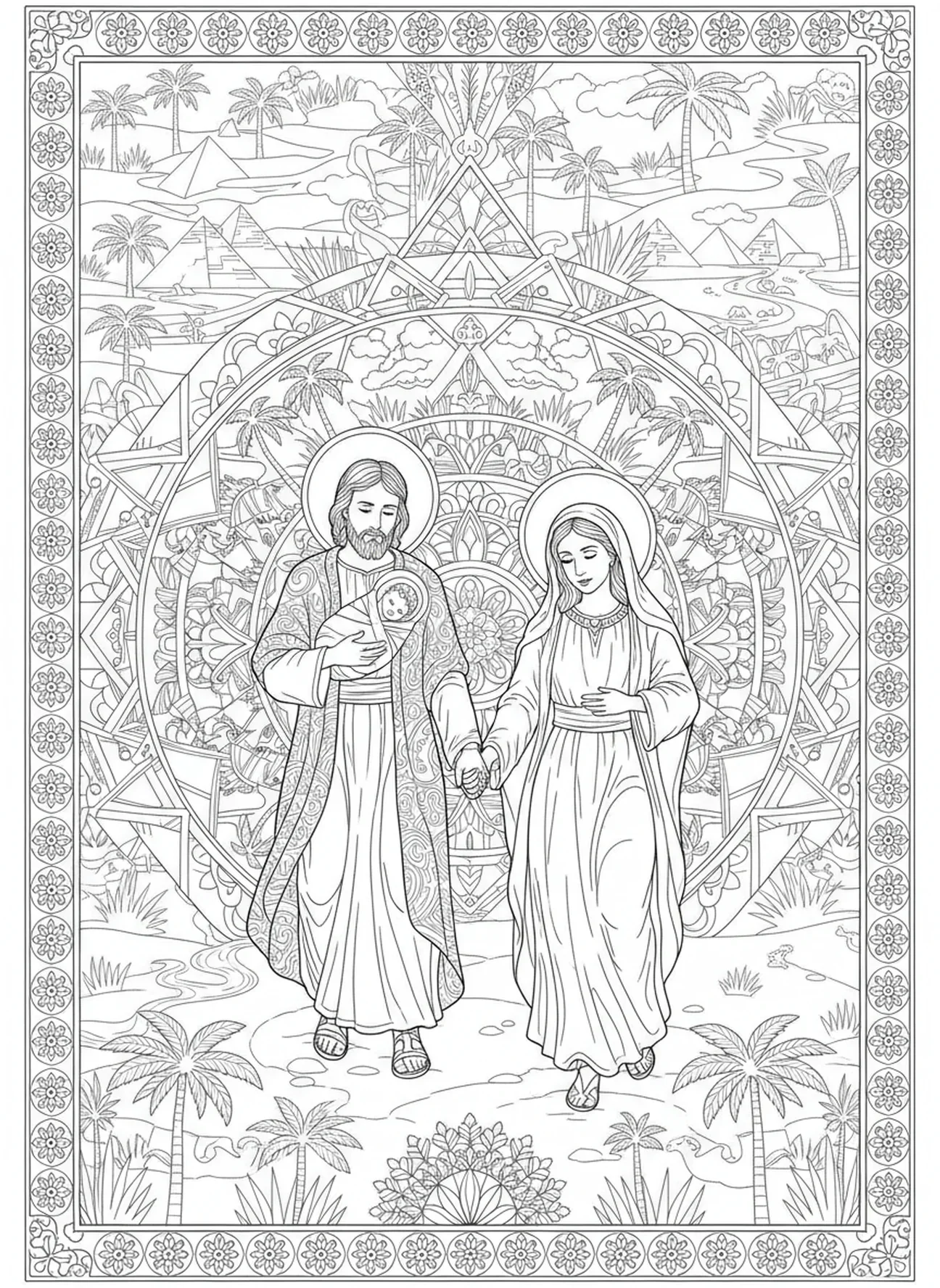 Josef, Maria und Jesus auf der Reise, Ausmalbild zur Flucht nach Ägypten im Stil des Bibel-Journalings für Erwachsene.