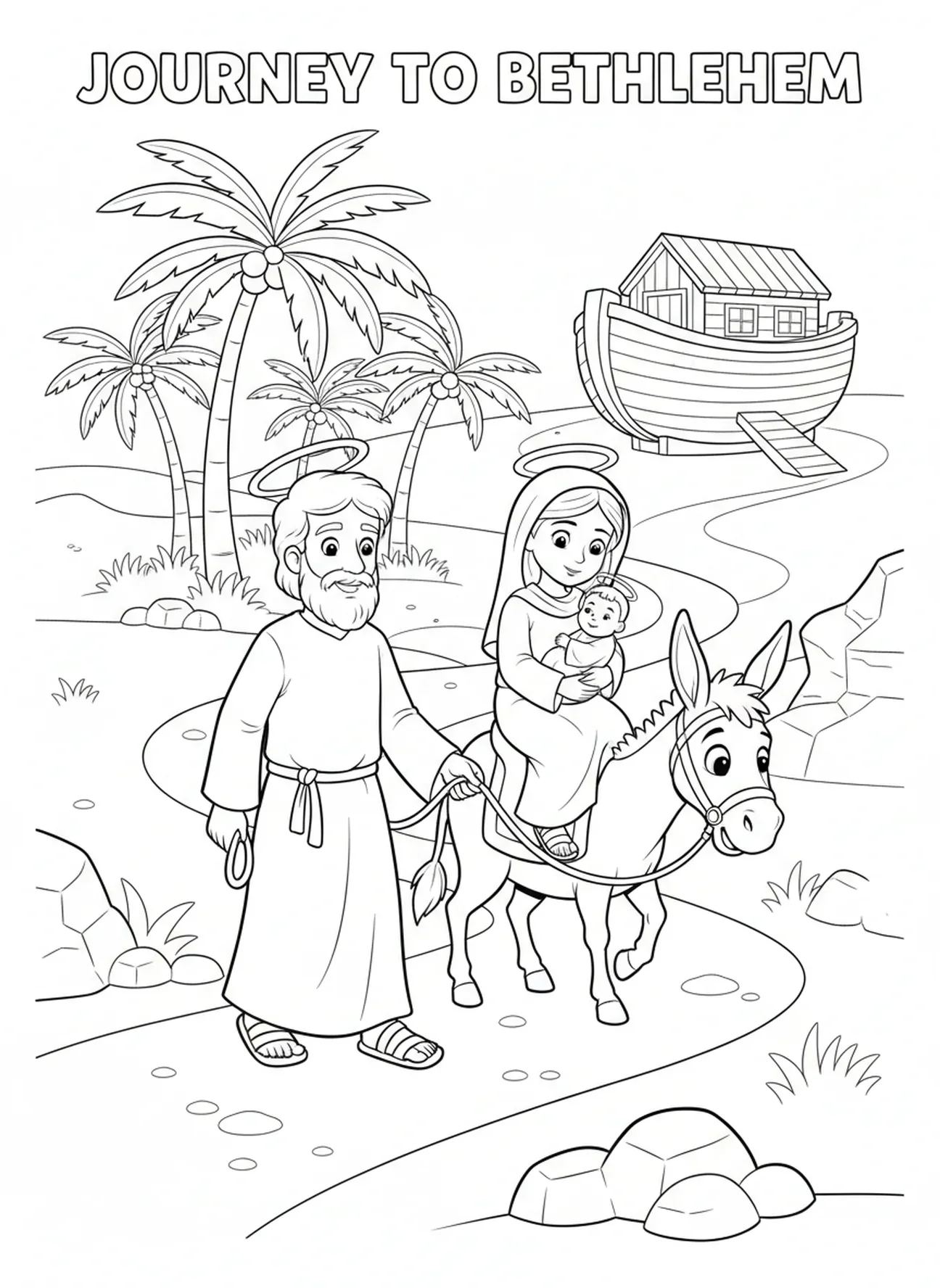 José e Maria em um caminho desértico, página de colorir sobre a Fuga para o Egito para crianças de 5 a 10 anos