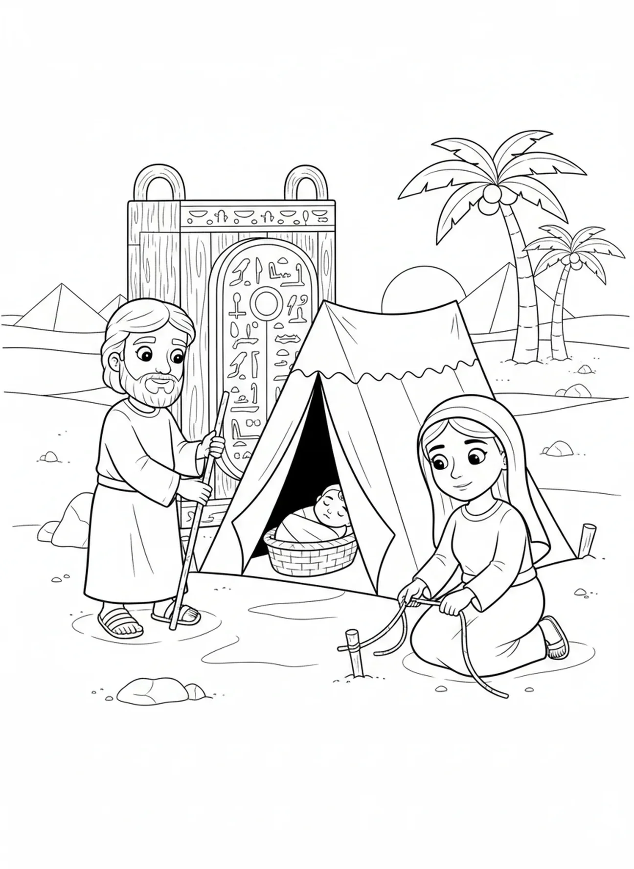 José e Maria montando uma tenda, página de colorir sobre a Fuga para o Egito para crianças de 5 a 10 anos