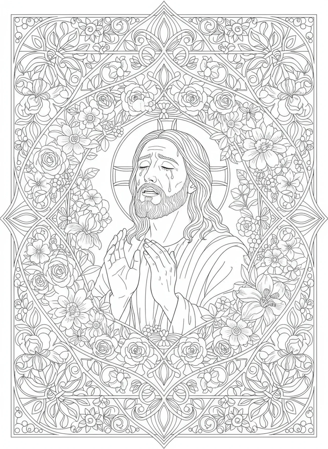Jesús en agonía, página para colorear de Getsemaní estilo journaling bíblico para adultos