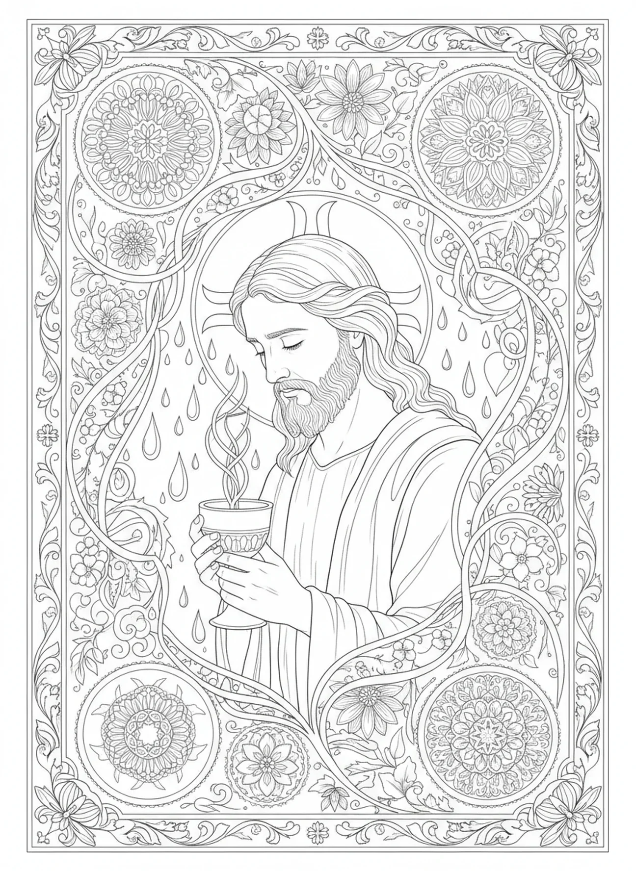 Jesús sosteniendo una copa, página para colorear de Getsemaní estilo journaling bíblico para adultos