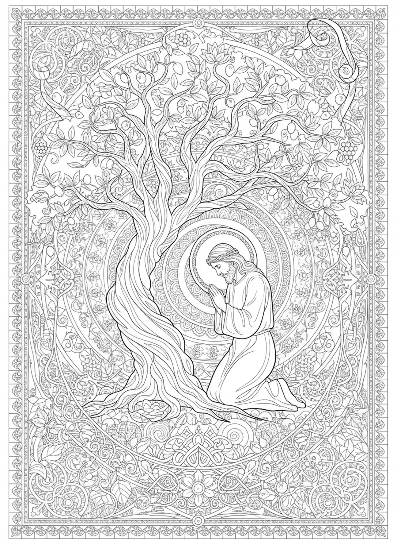 Jesús en oración, página para colorear de Getsemaní estilo journaling bíblico para adultos