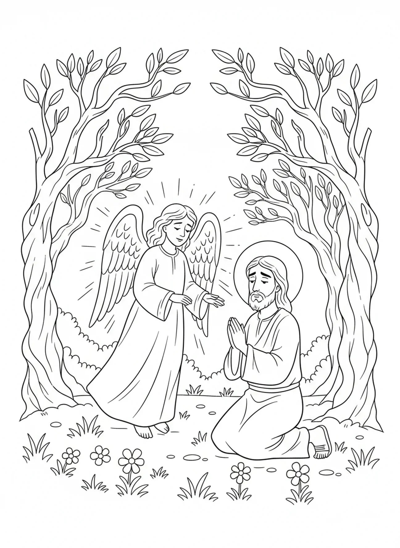 Anjo aparecendo para Jesus, página de colorir de Getsêmani para crianças de 5 a 10 anos