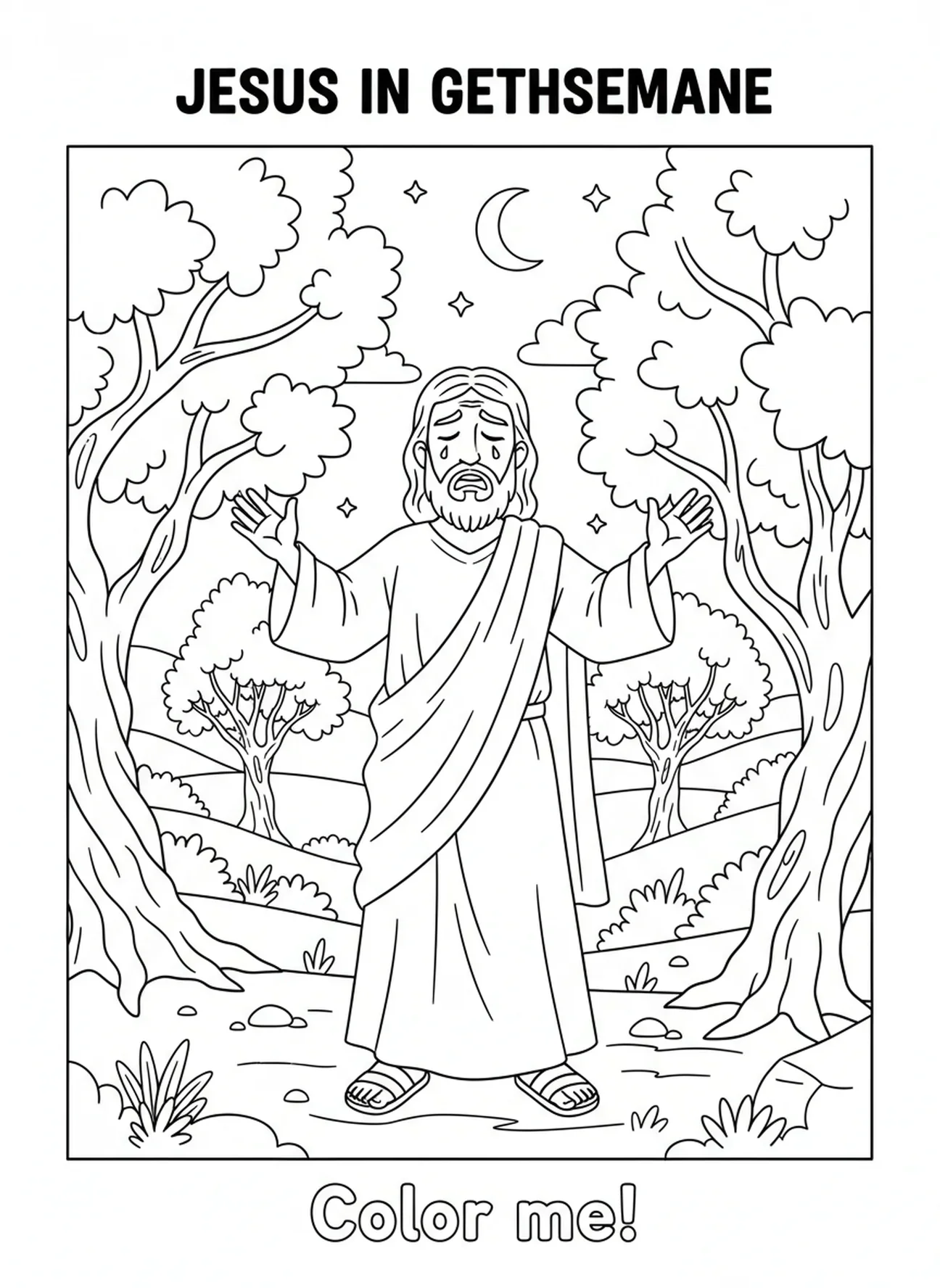 Jesus em angústia no jardim, página de colorir Gethsemane para crianças de 5 a 10 anos