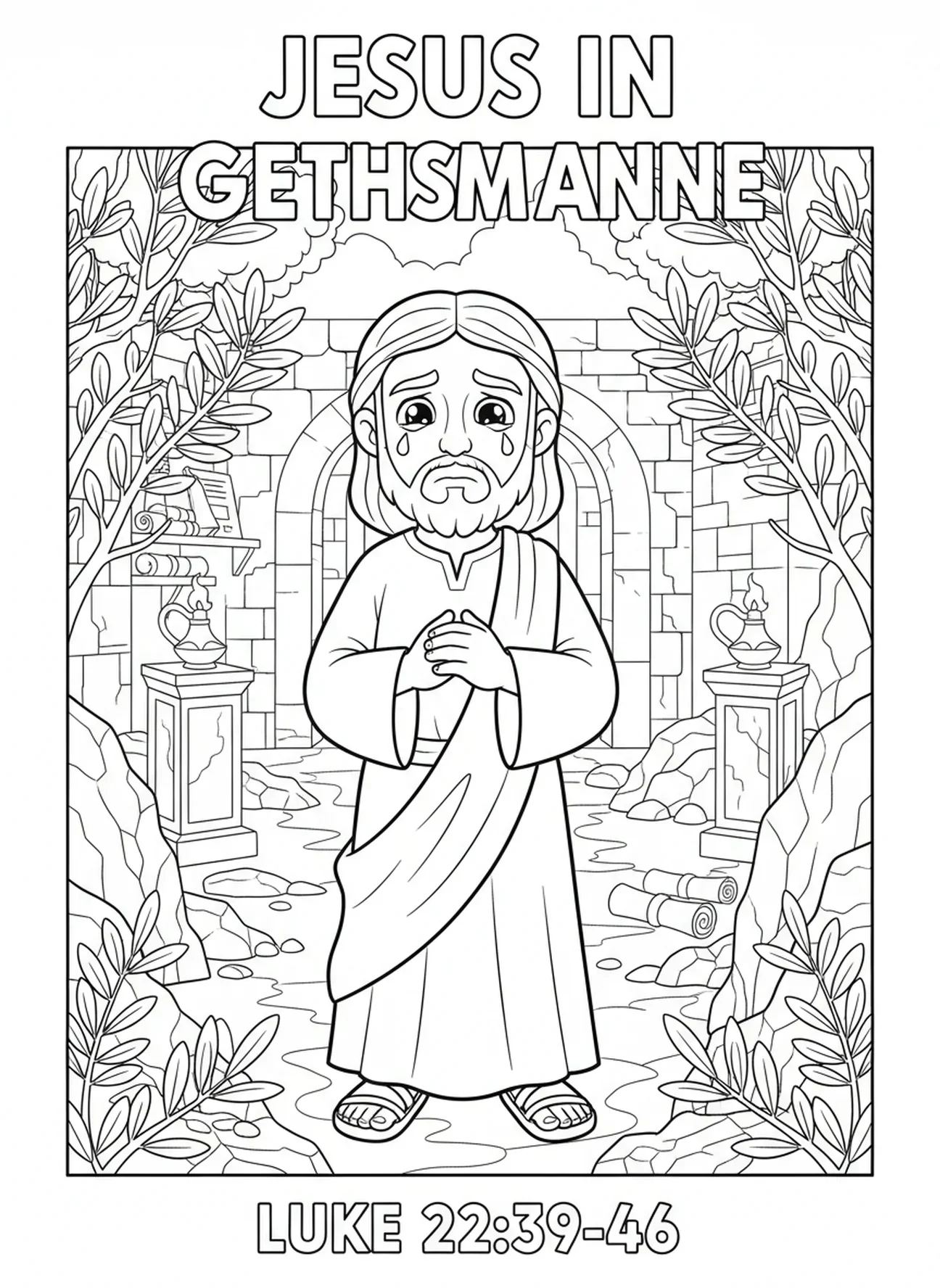 Jezus w agonii w Getsemani, kolorowanka o Getsemani dla dzieci w katechezie w wieku 5-12 lat