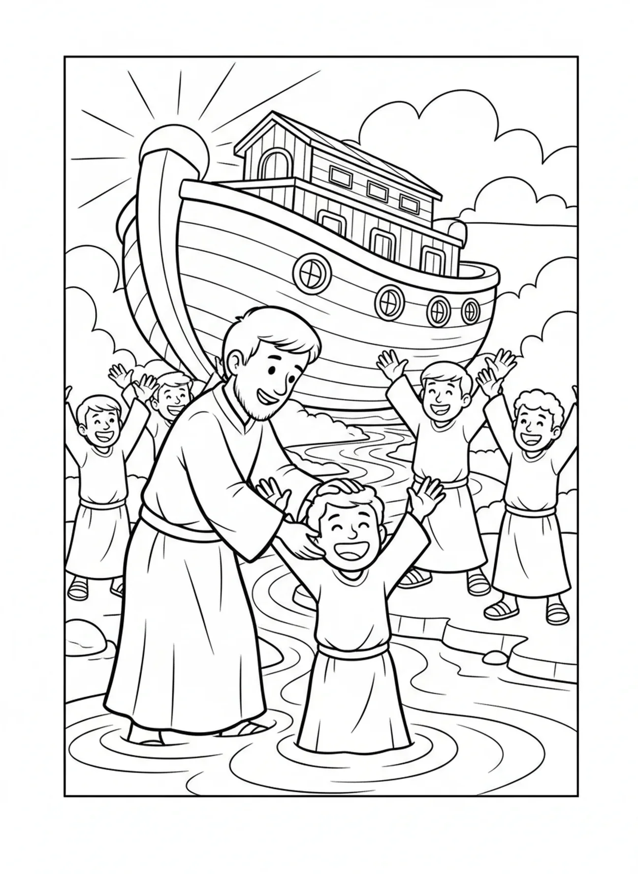 Disciple baptisant un fidèle, page à colorier sur la Grande Commission pour les enfants de 5 à 10 ans.
