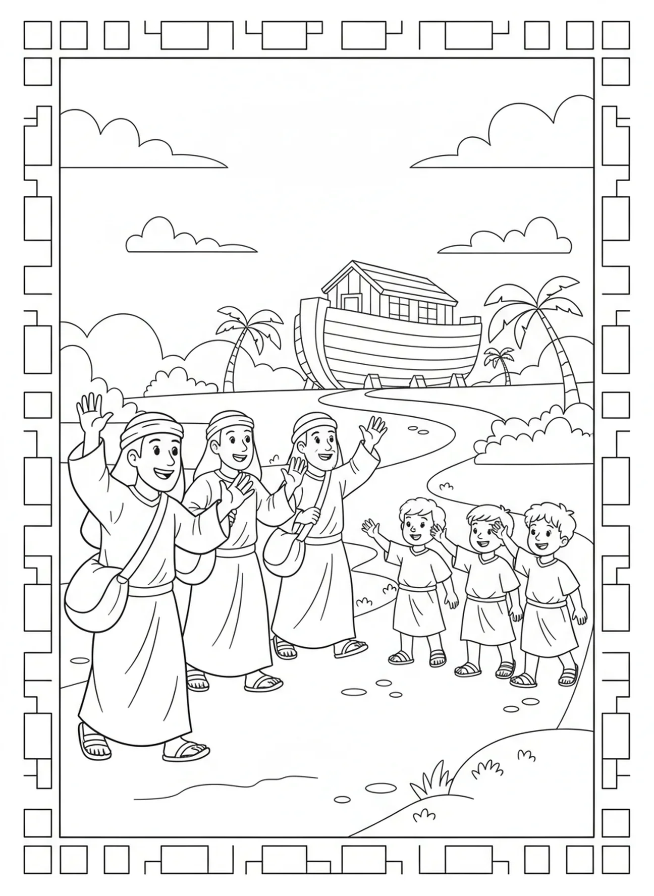 Disciples marchant sur le chemin, page à colorier de la Grande Mission pour les enfants de 5 à 10 ans.