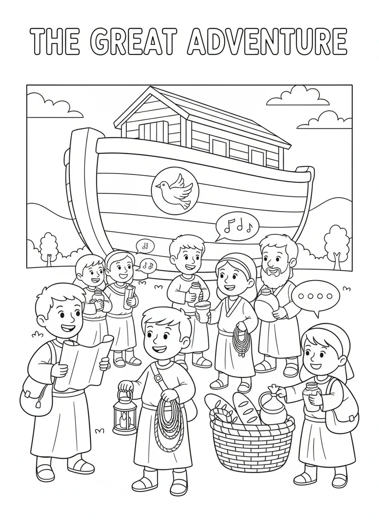 Disciples rassemblant des fournitures, page à colorier sur la Grande Commission pour les enfants de 5 à 10 ans.
