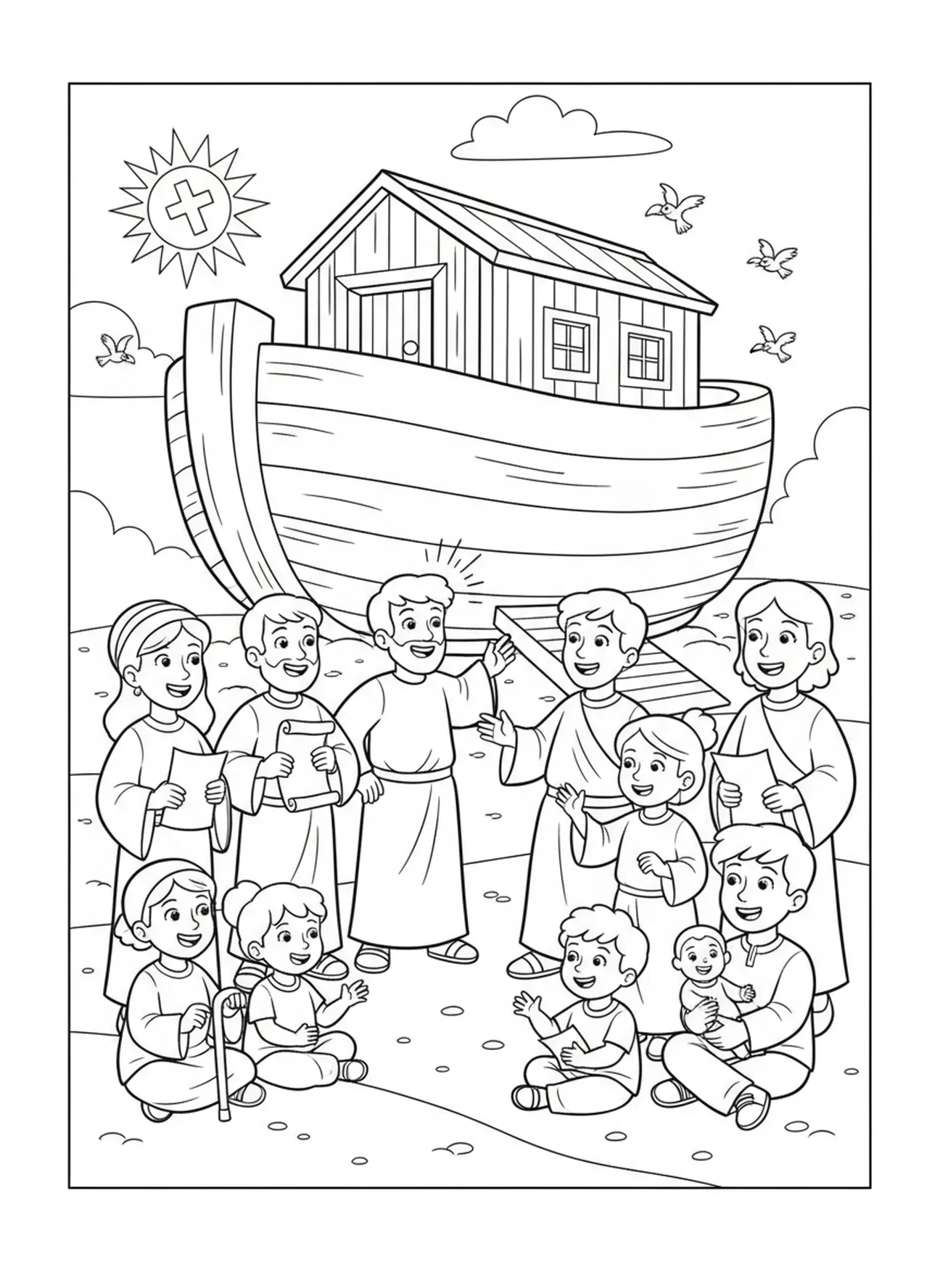 Disciples partageant la Bonne Nouvelle, page à colorier sur la Grande Commission pour les enfants de 5 à 10 ans.