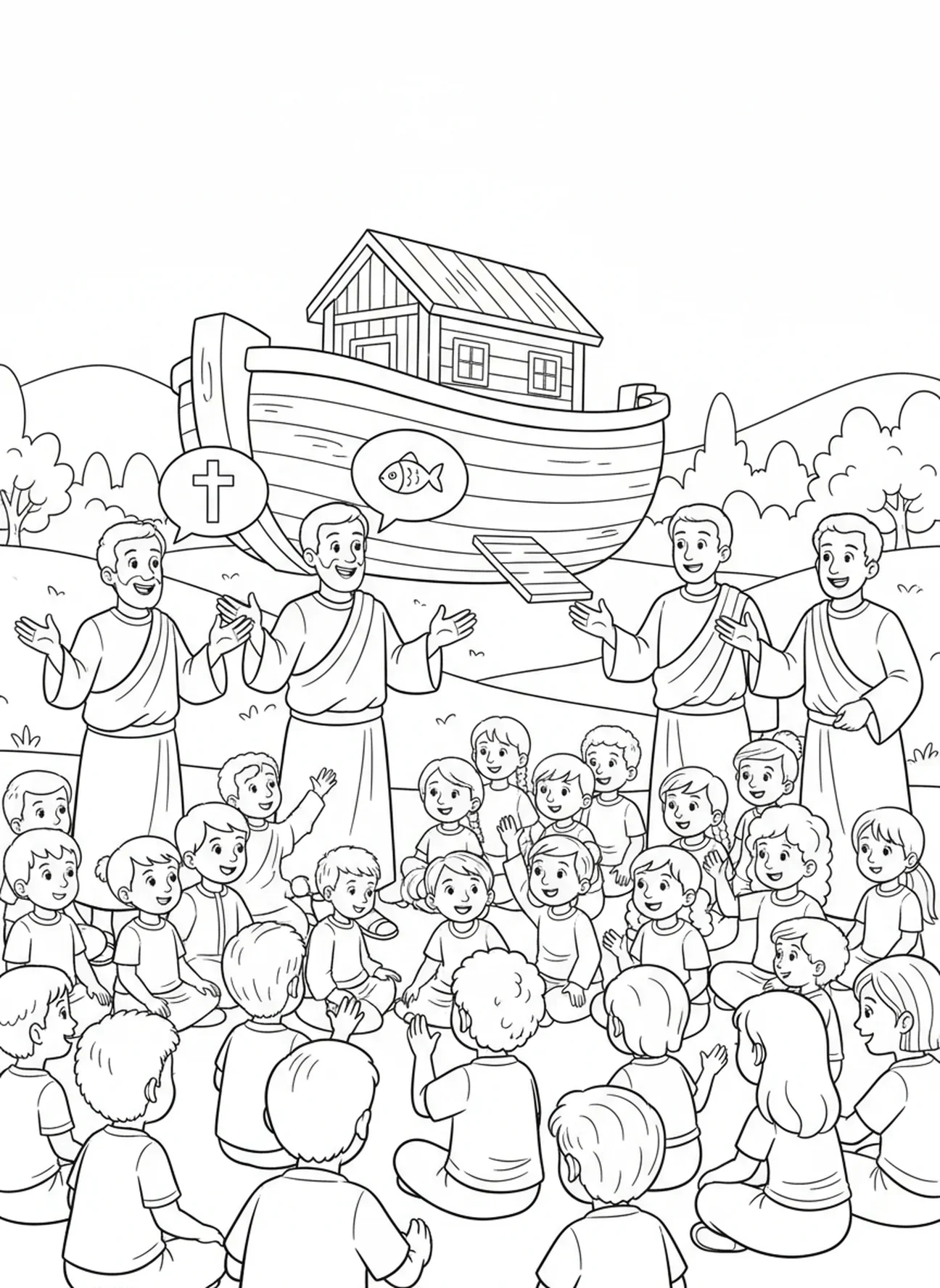 Disciples enseignant une foule, page à colorier de la Grande Commission pour les enfants de 5 à 10 ans.