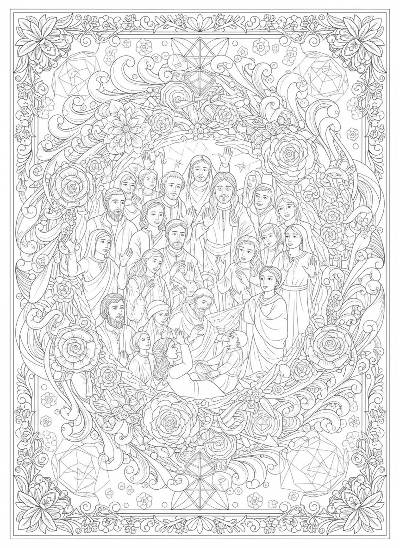 Multidão diversa observando o milagre, página de colorir sobre a Cura do Cego para adultos no estilo de journaling bíblico.