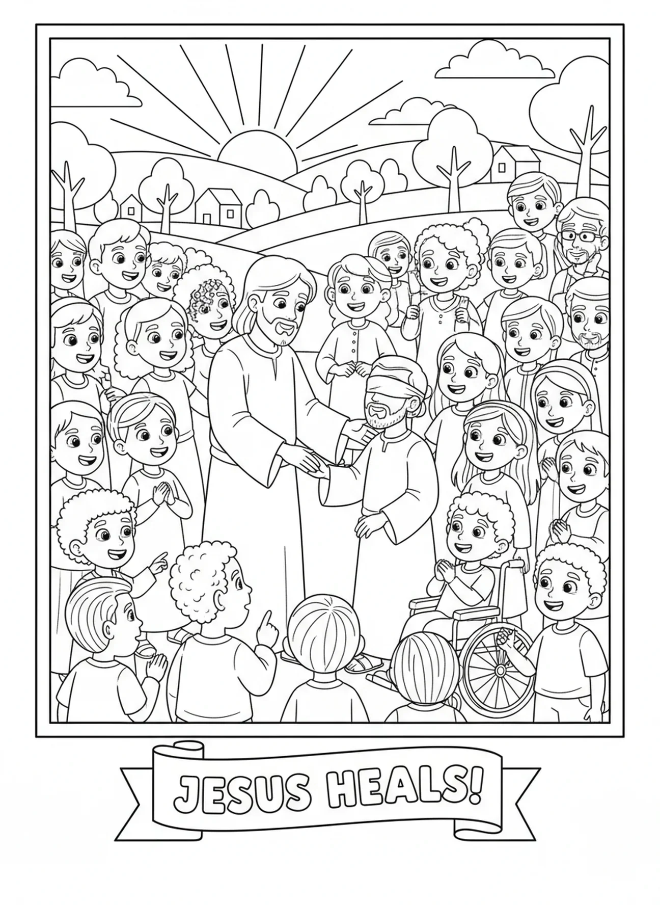 Multidão diversa assistindo a Jesus, página de colorir sobre a Cura do Cego para crianças de 5 a 10 anos