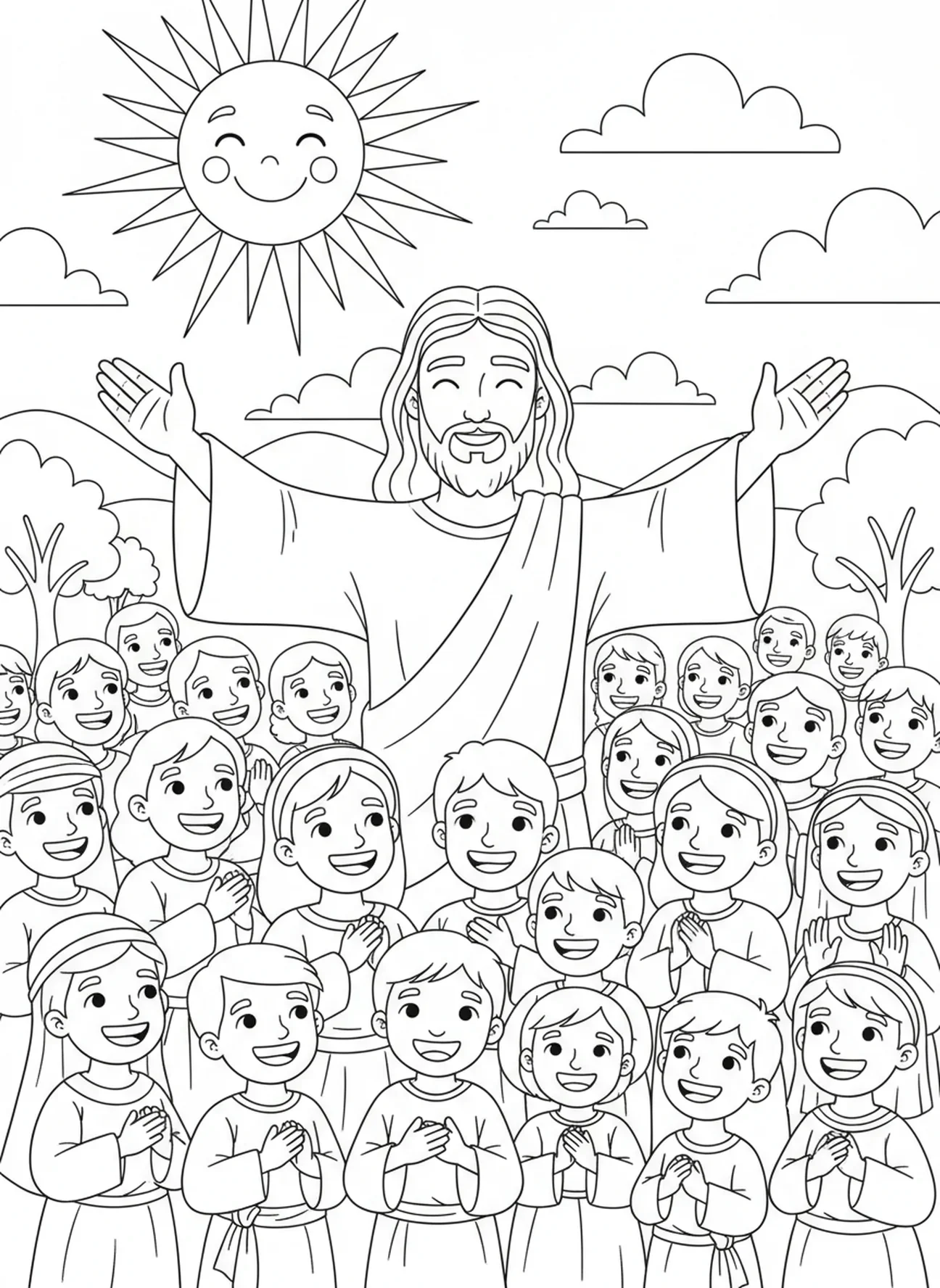 Jesus abençoando a multidão, página para colorir sobre a cura do cego para crianças de 5 a 10 anos