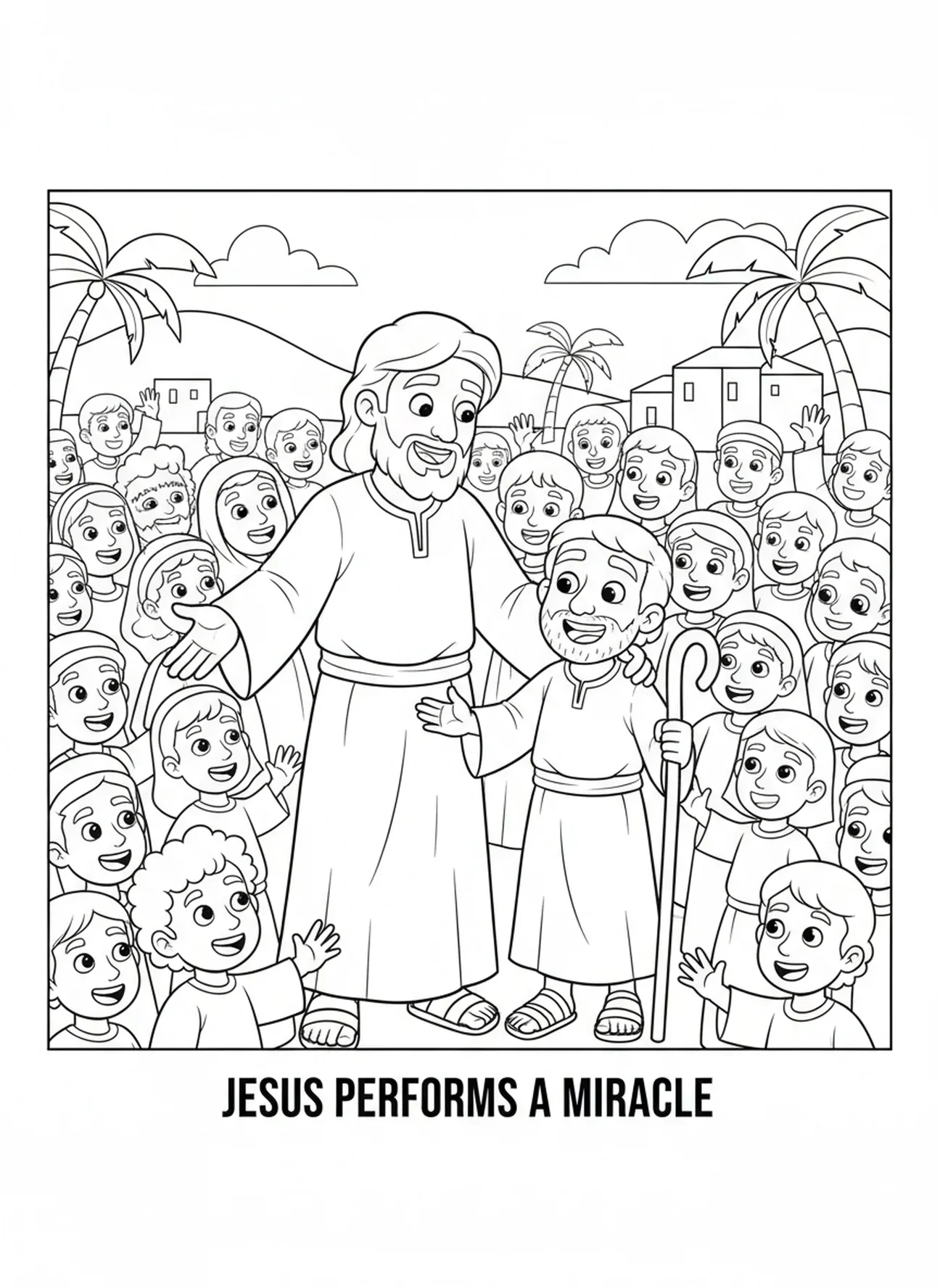 Jesus explicando o milagre da cura, página para colorir da cura do cego para crianças de 5 a 10 anos