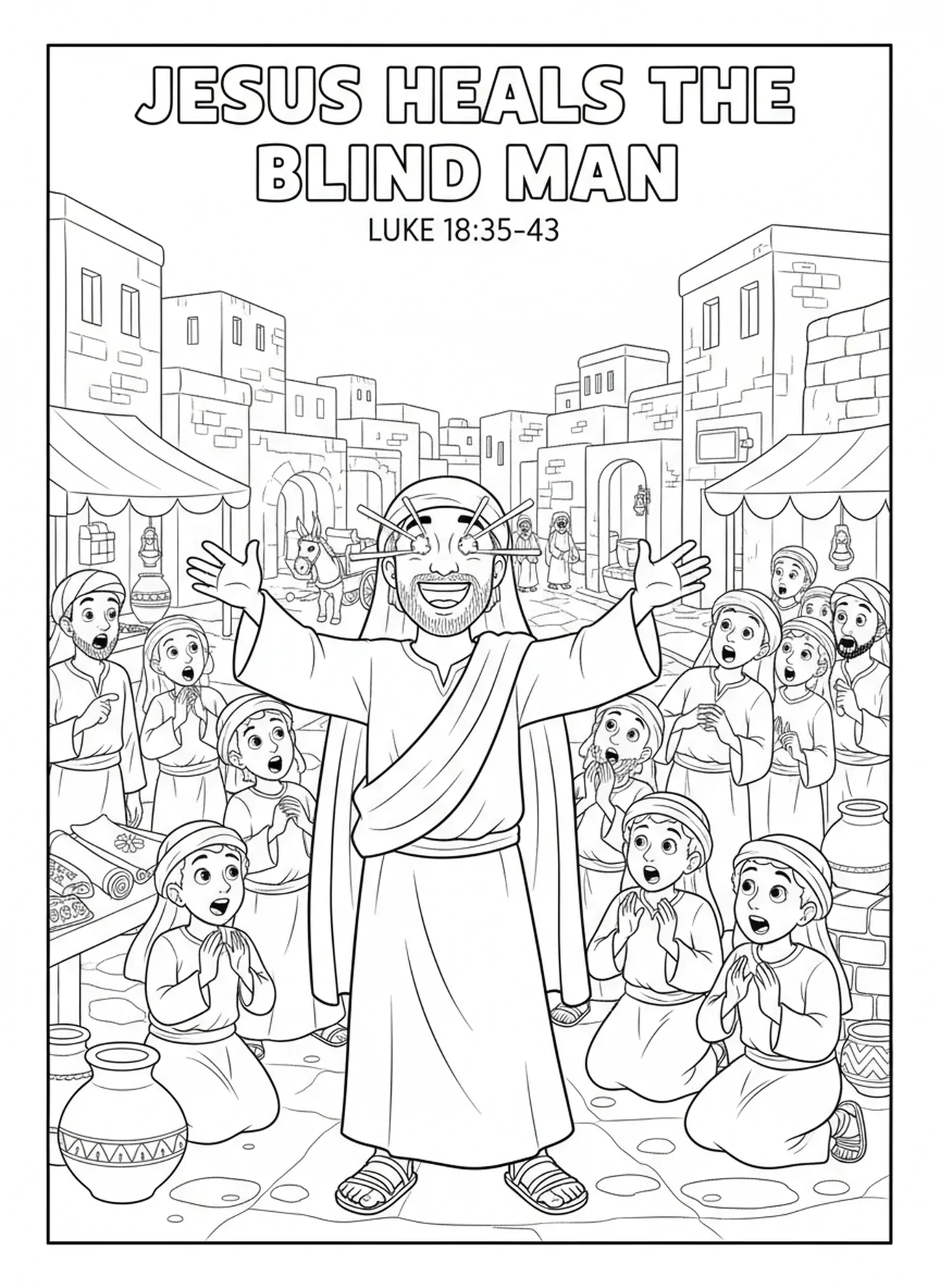 Homme aveugle voyant joyeusement, page à colorier sur la guérison des aveugles pour les enfants de l'École du dimanche âgés de 5 à 12 ans