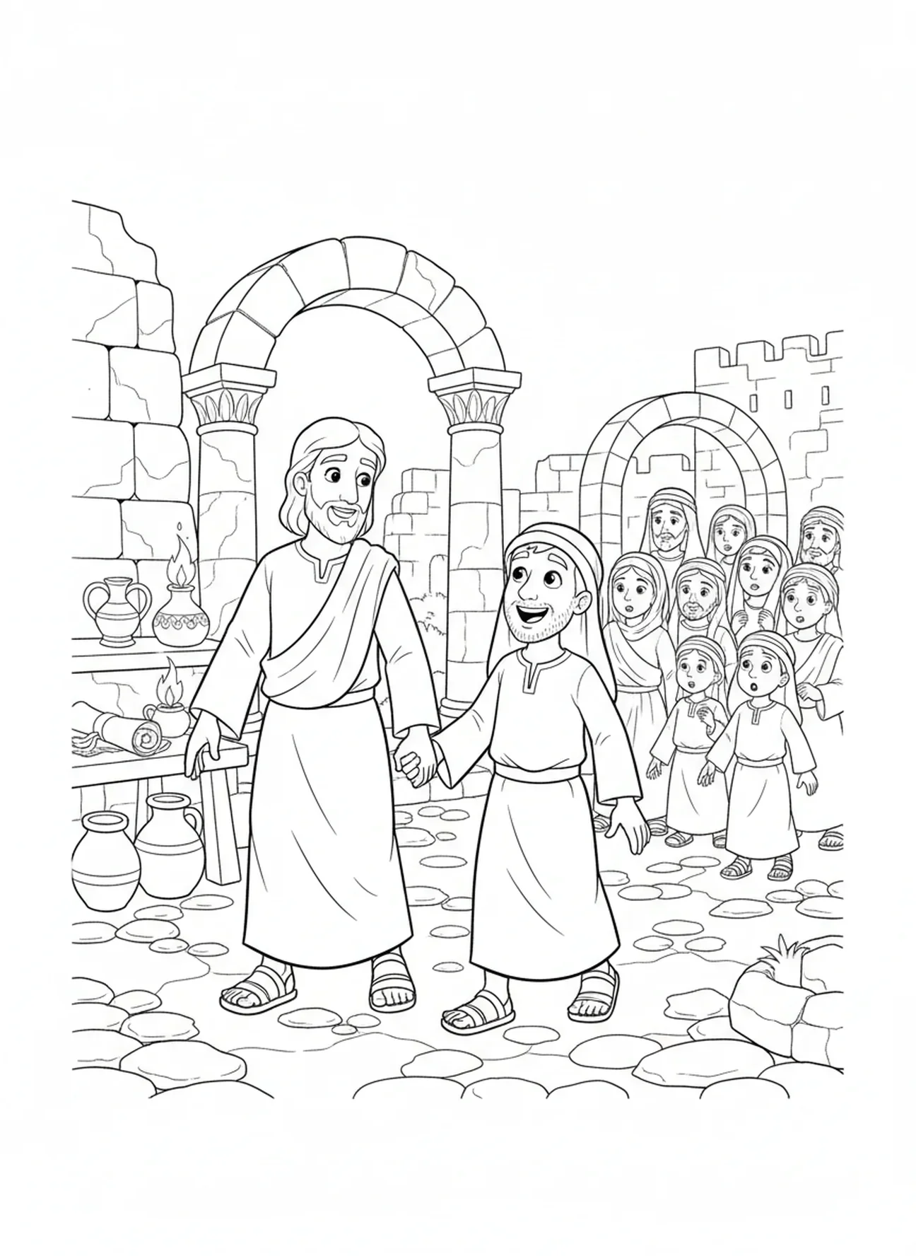 Homme aveugle guéri marchant avec Jésus, page à colorier sur la guérison des aveugles pour les enfants de l'École du dimanche âgés de 5 à 12 ans